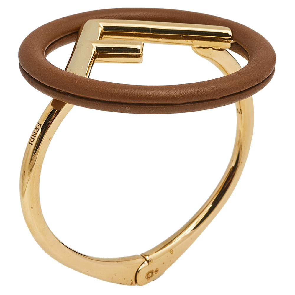 

Fendi Brown Leather F Is Fendi Gold Tone Cuff Bracelet