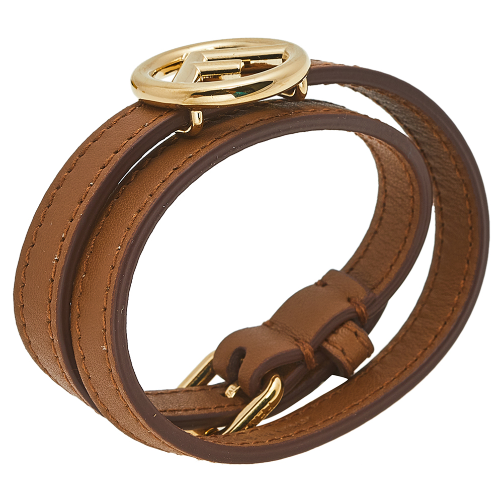 

Fendi F Is Fendi Brown Leather Gold Tone Double Wrap Bracelet