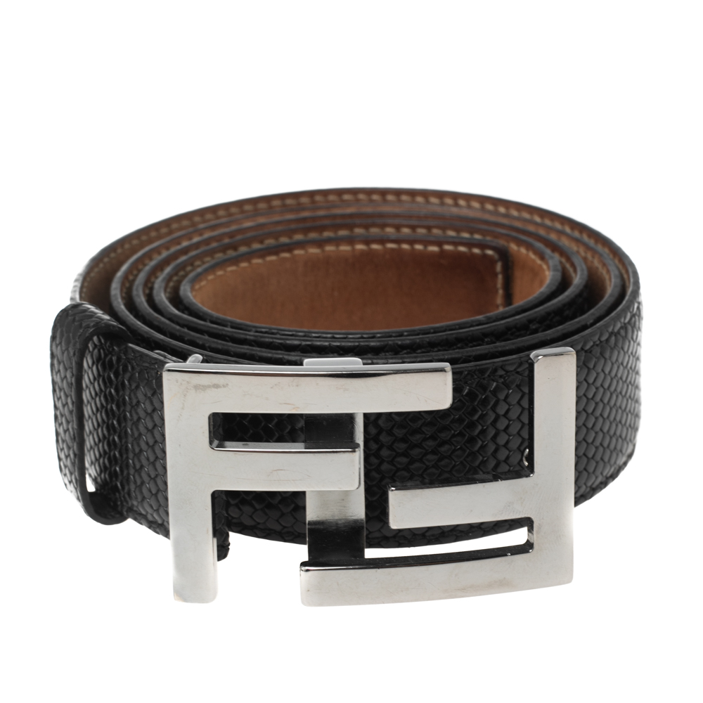 

Fendi Black Textured Leather FF Logo Buckle Belt