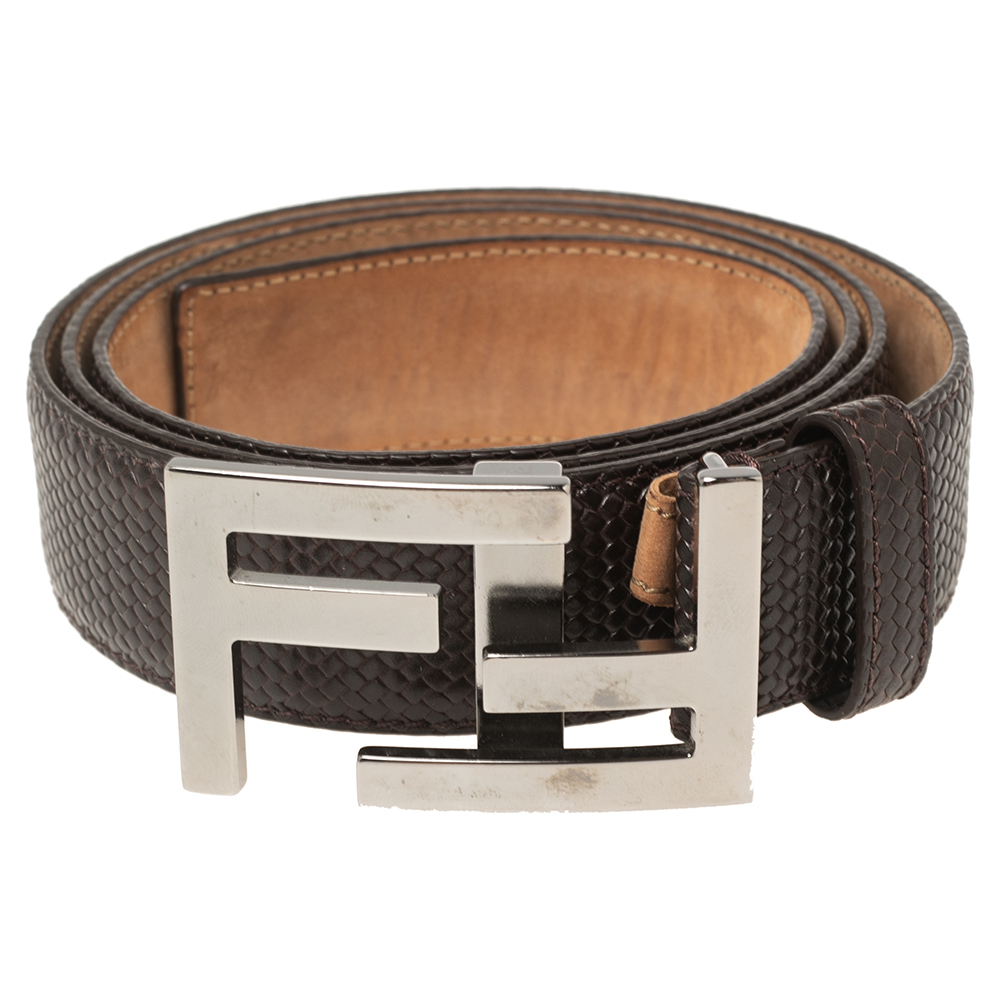 

Fendi Dark Brown Textured Leather FF Logo Buckle Belt