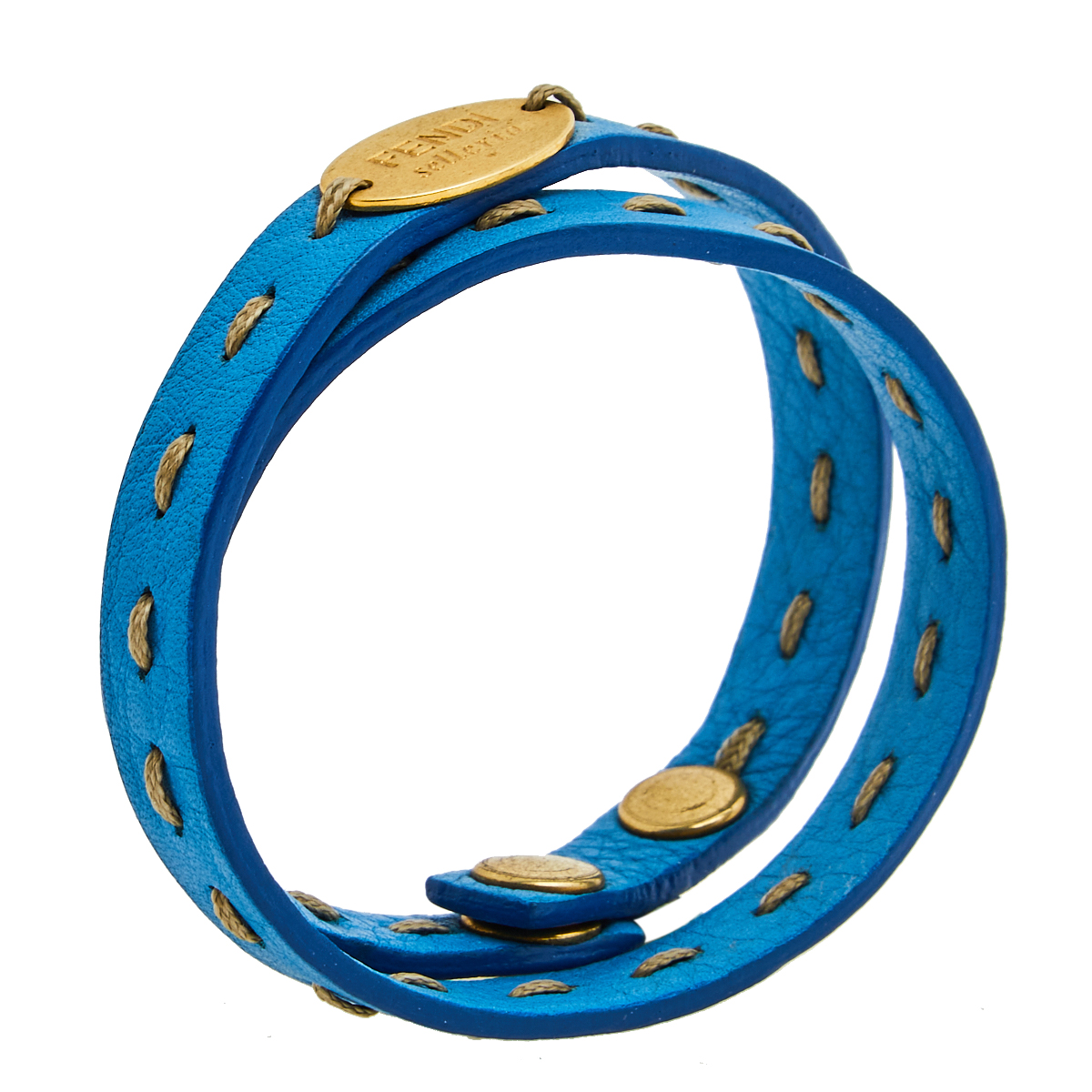 

Fendi Blue Selleria Leather Gold Tone Double Wrap Bracelet