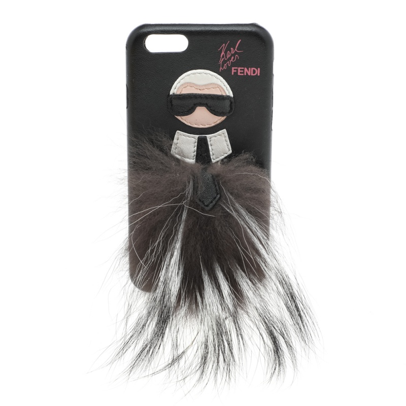 Pre-owned Fendi Black Leather And Fox Fur Karlito Iphone 6 Case