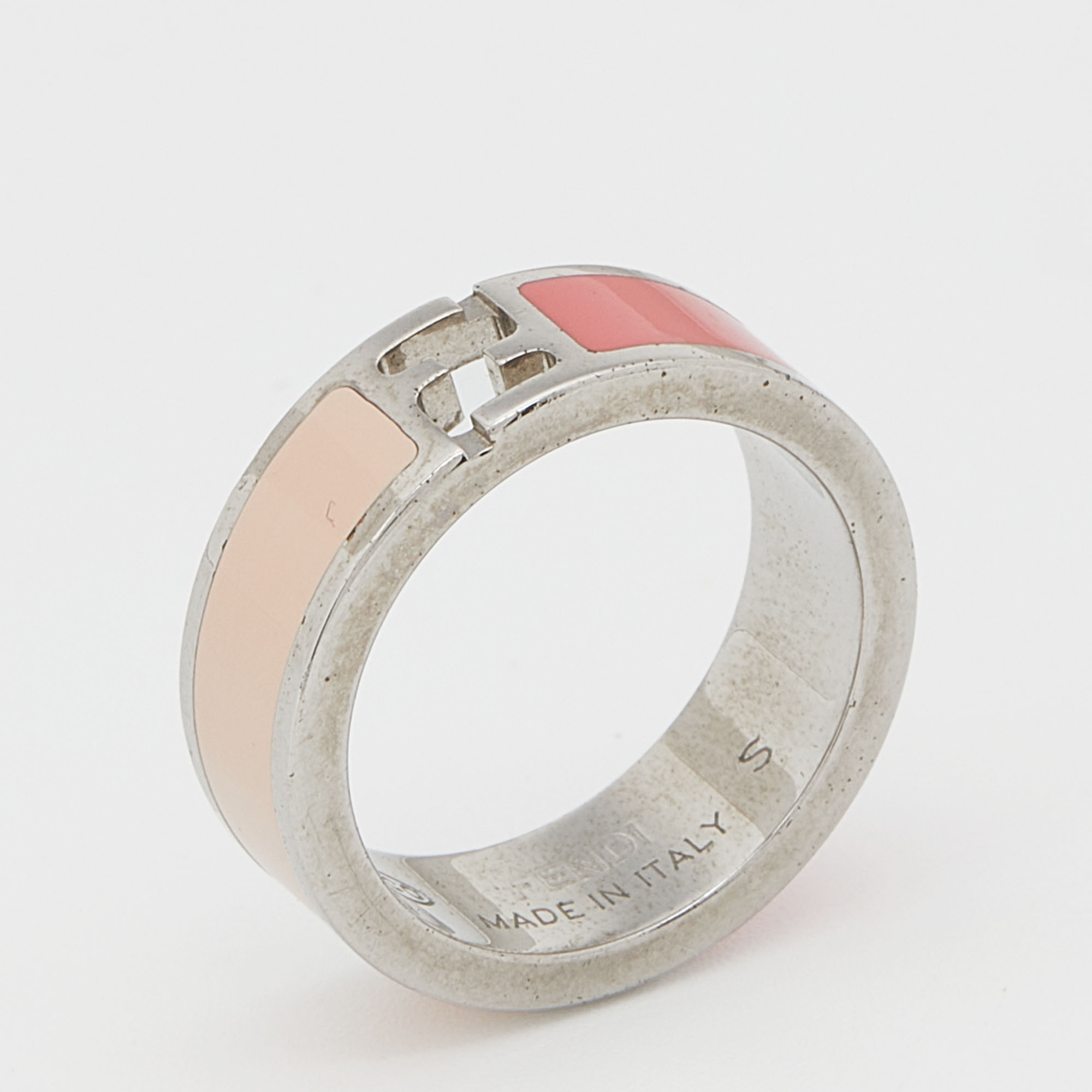 Pre-owned Fendi Sta Bi-color Enamel Silver Tone Band Ring Size 50 In Multicolor