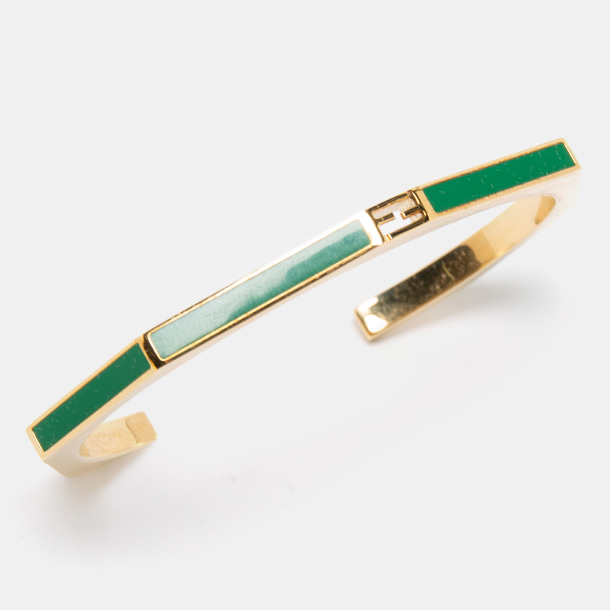

Fendi Baguette Green Enamel Gold Tone Open Cuff Bracelet, Silver