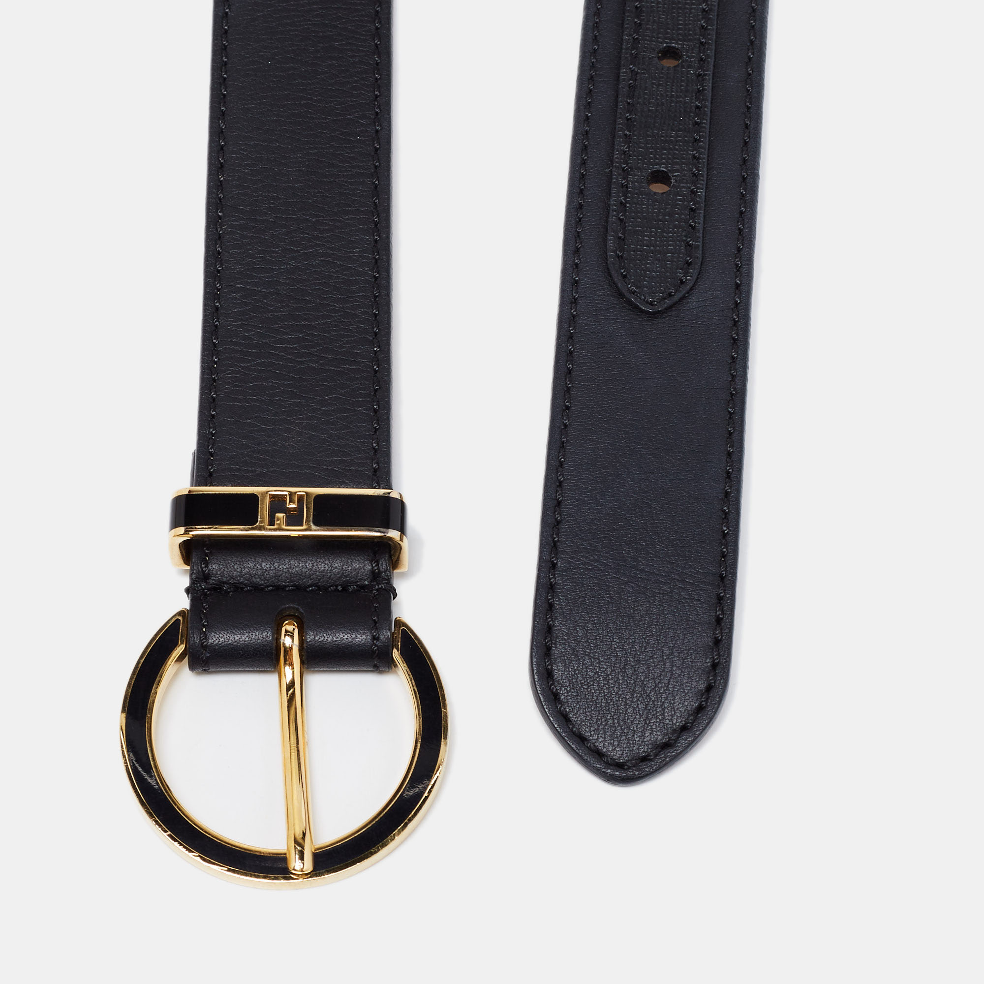 

Fendi Black Leather Round Buckle Belt Size