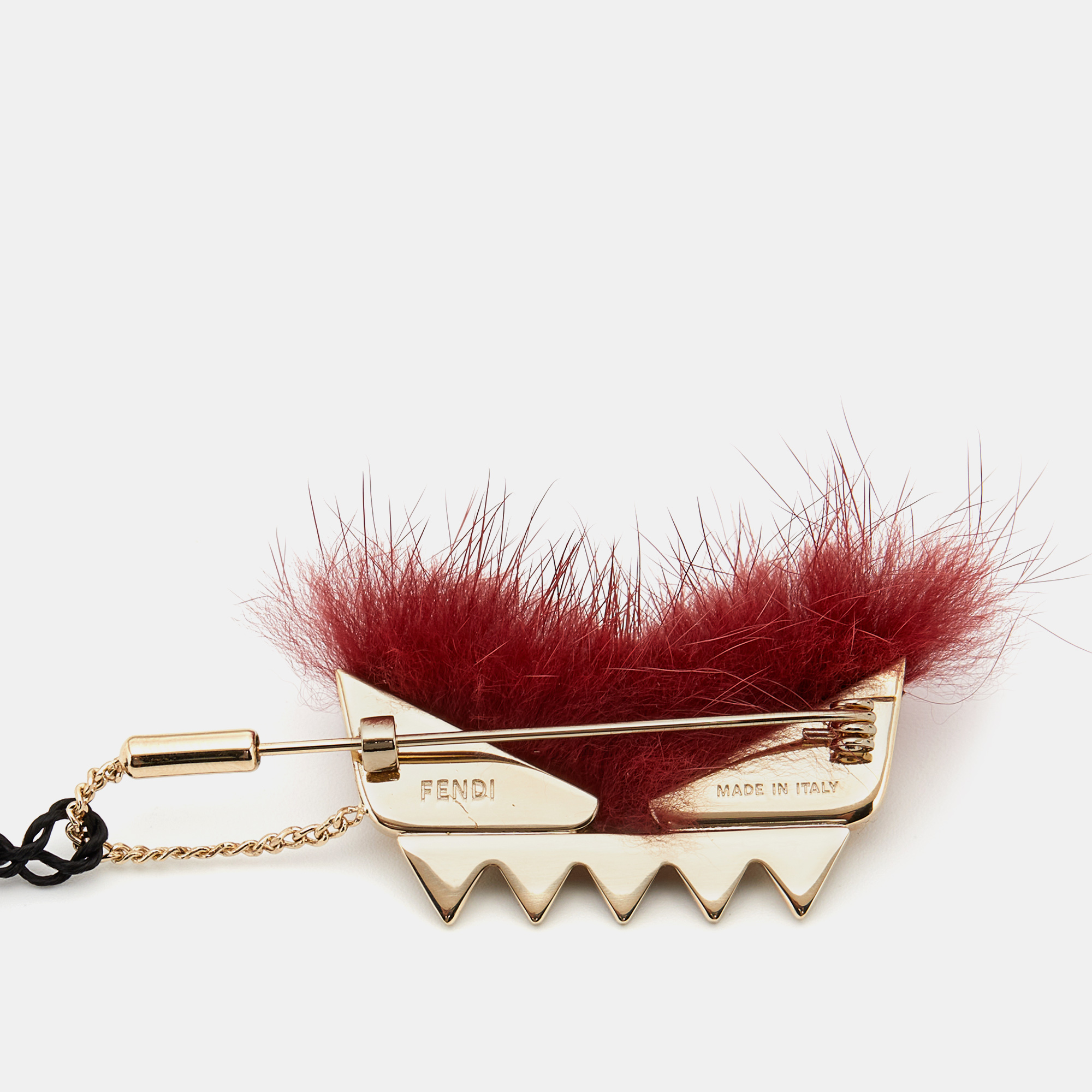 

Fendi Wonders Burgundy Fur Embellished Gold Tone Monster Pin Brooch