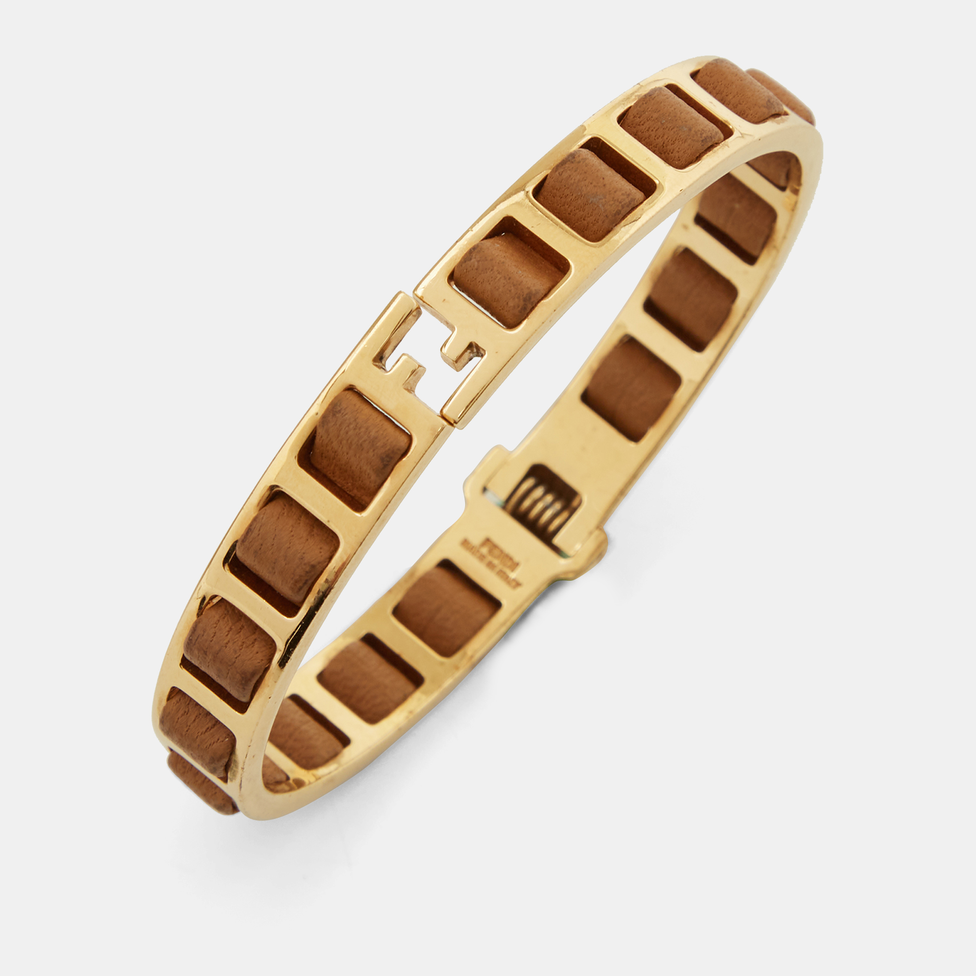 

Fendi Fendista Logo Woven Leather Gold Tone Bangle Bracelet