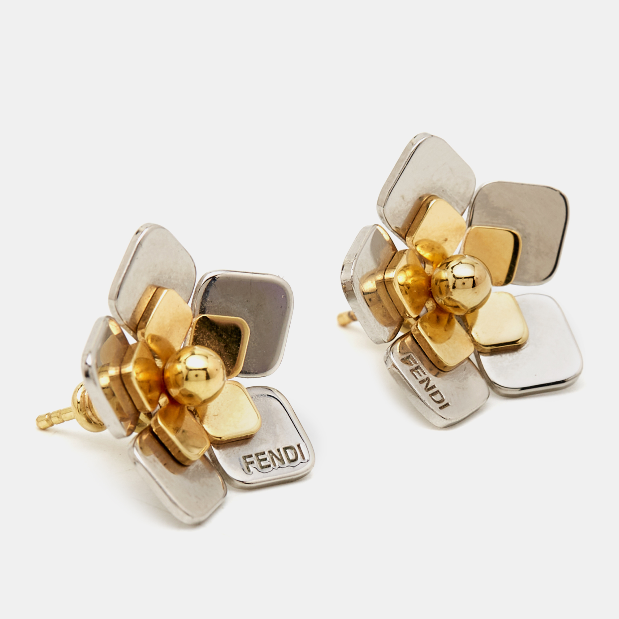 

Fendi Blossom Flower Two Tone Metal Stud Earrings, Gold