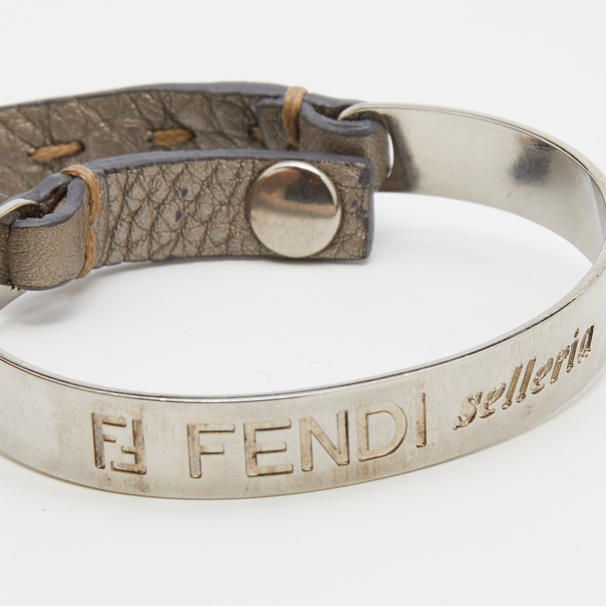 

Fendi Selleria Silver Tone Cuff & Metallic Leather Double Wrap Bracelet, Grey