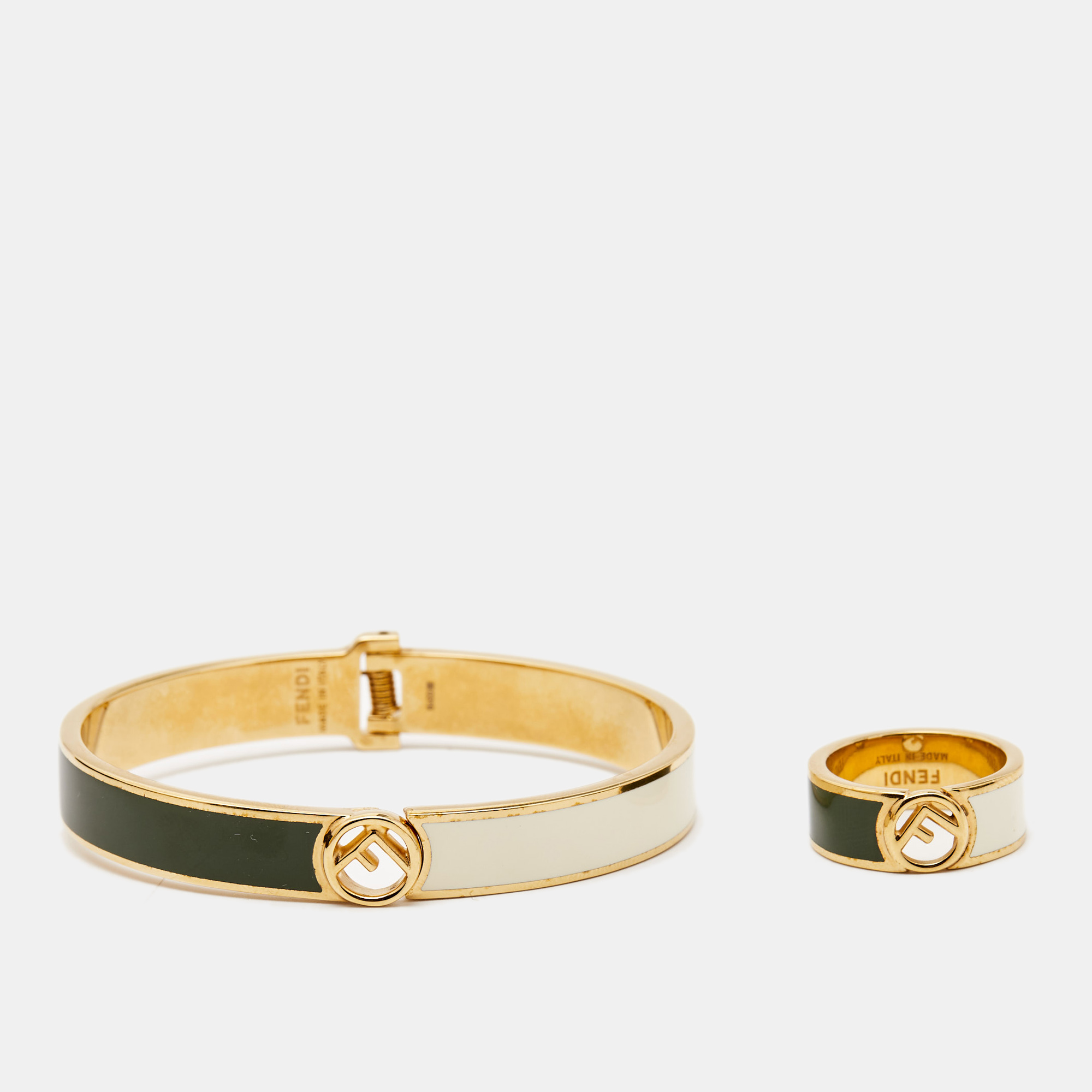 

Fendi F is Fendi Bicolor Enamel Gold Tone Bracelet Ring Set