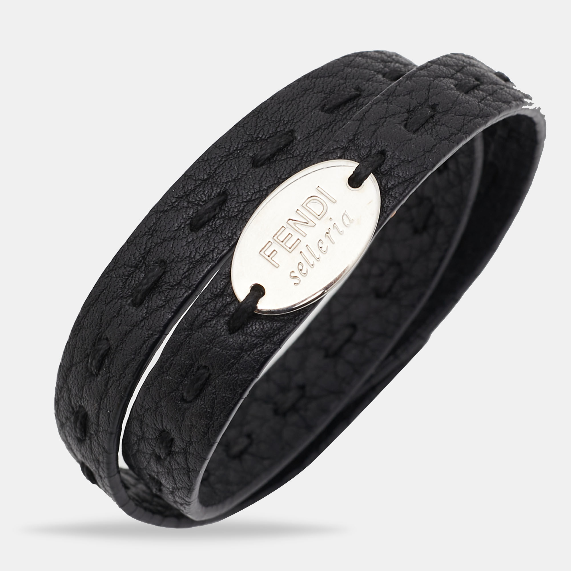 

Fendi Selleria Black Leather Silver Tone Double Wrap Bracelet