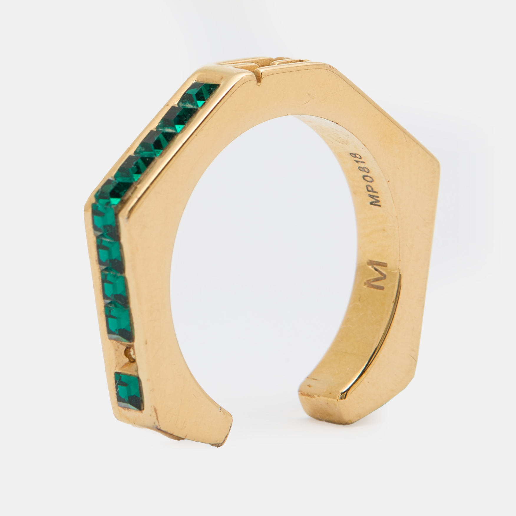 Pre-owned Fendi Gold Tone & Green Crystal Studded Baguette Ring Size 54