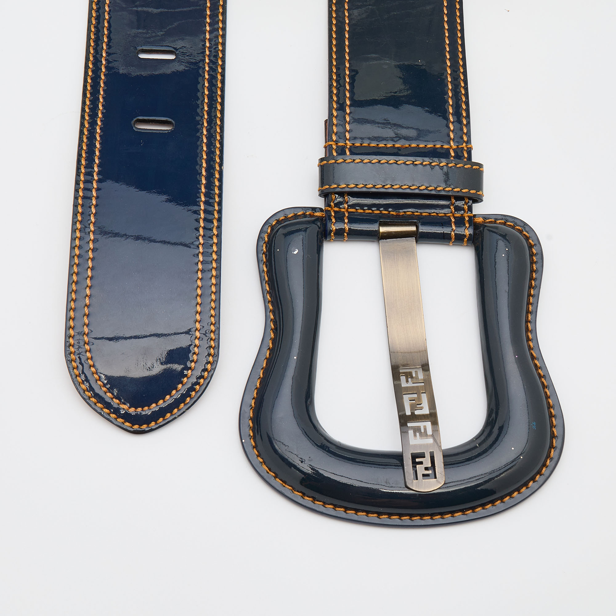

Fendi Blue Patent Leather B Buckle Waist Belt