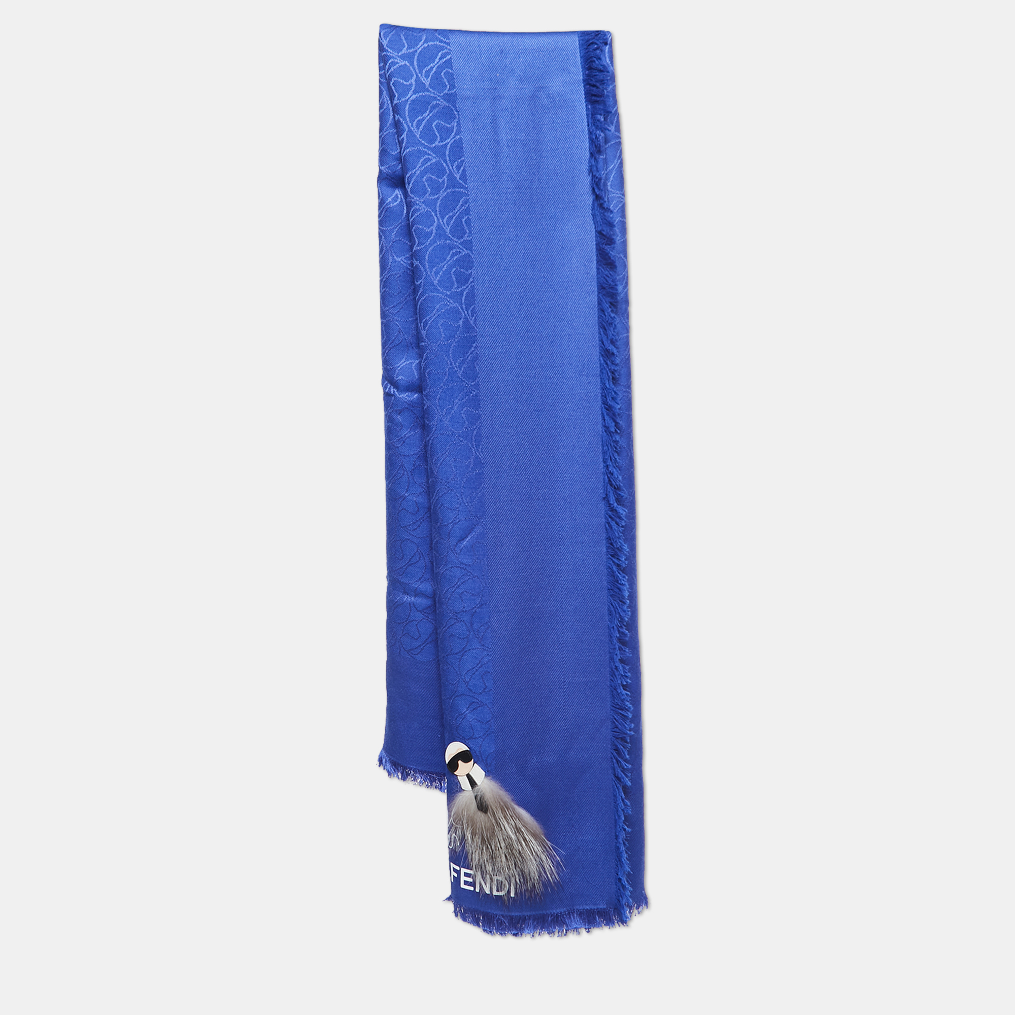 Pre-owned Fendi Blue Applique Detail Karlito Silk & Wool Shawl
