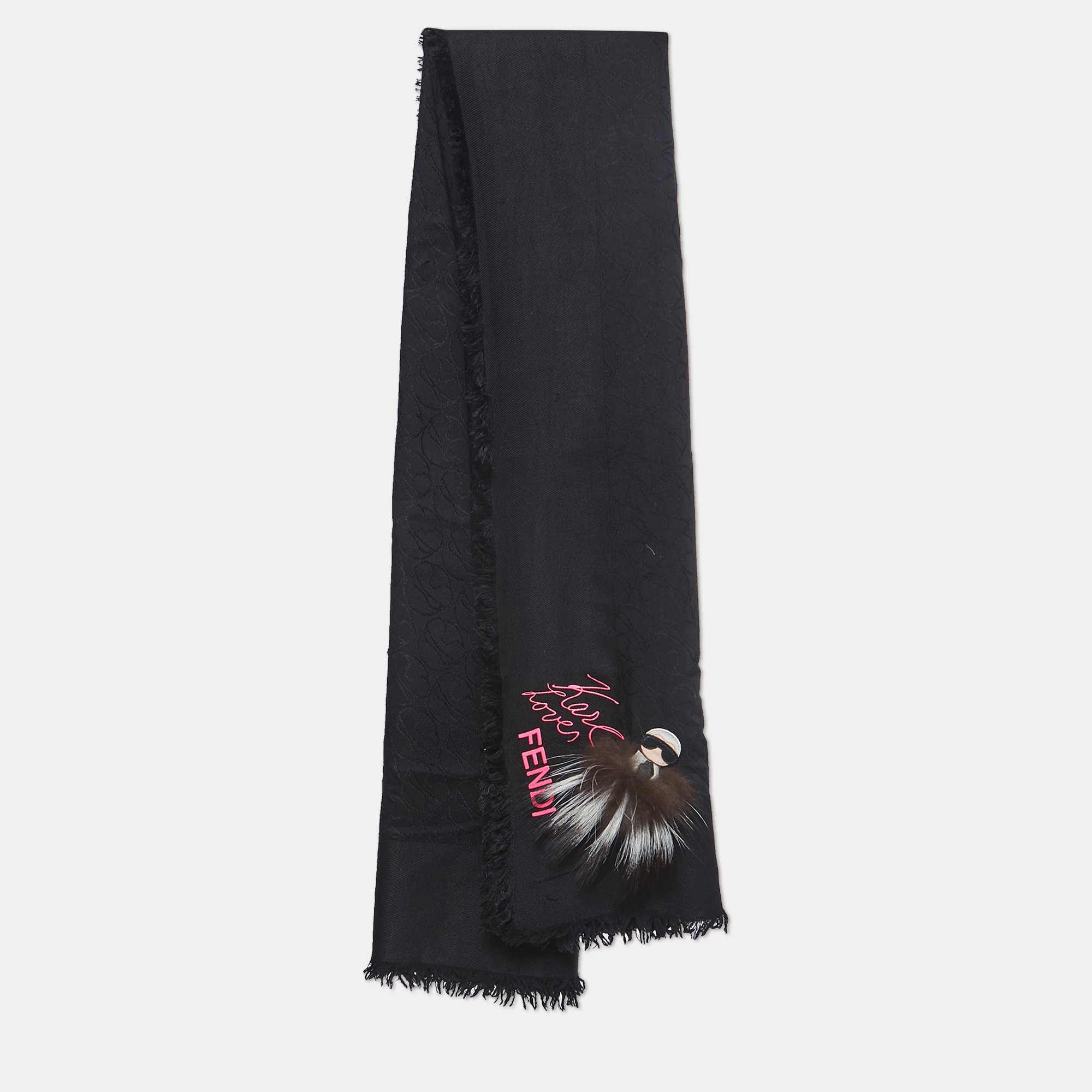 Pre-owned Fendi Black Applique Detail Karlito Silk & Wool Scarf
