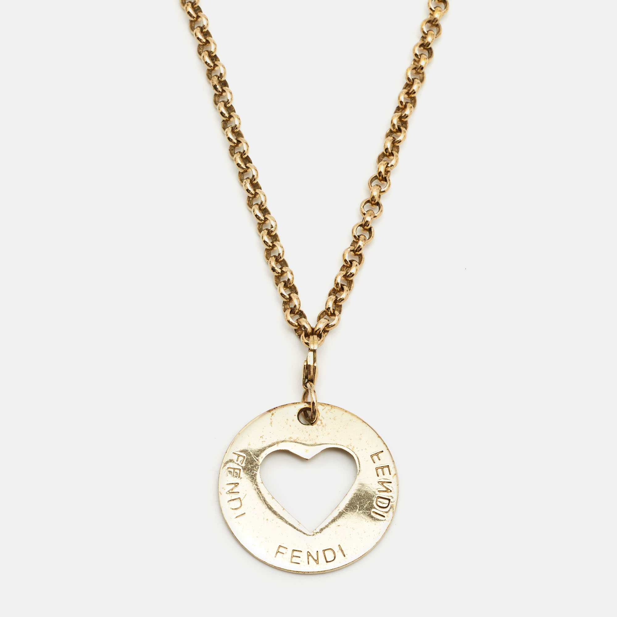 Pre-owned Fendi Gold Tone Id Heart Charm Pendant Necklace