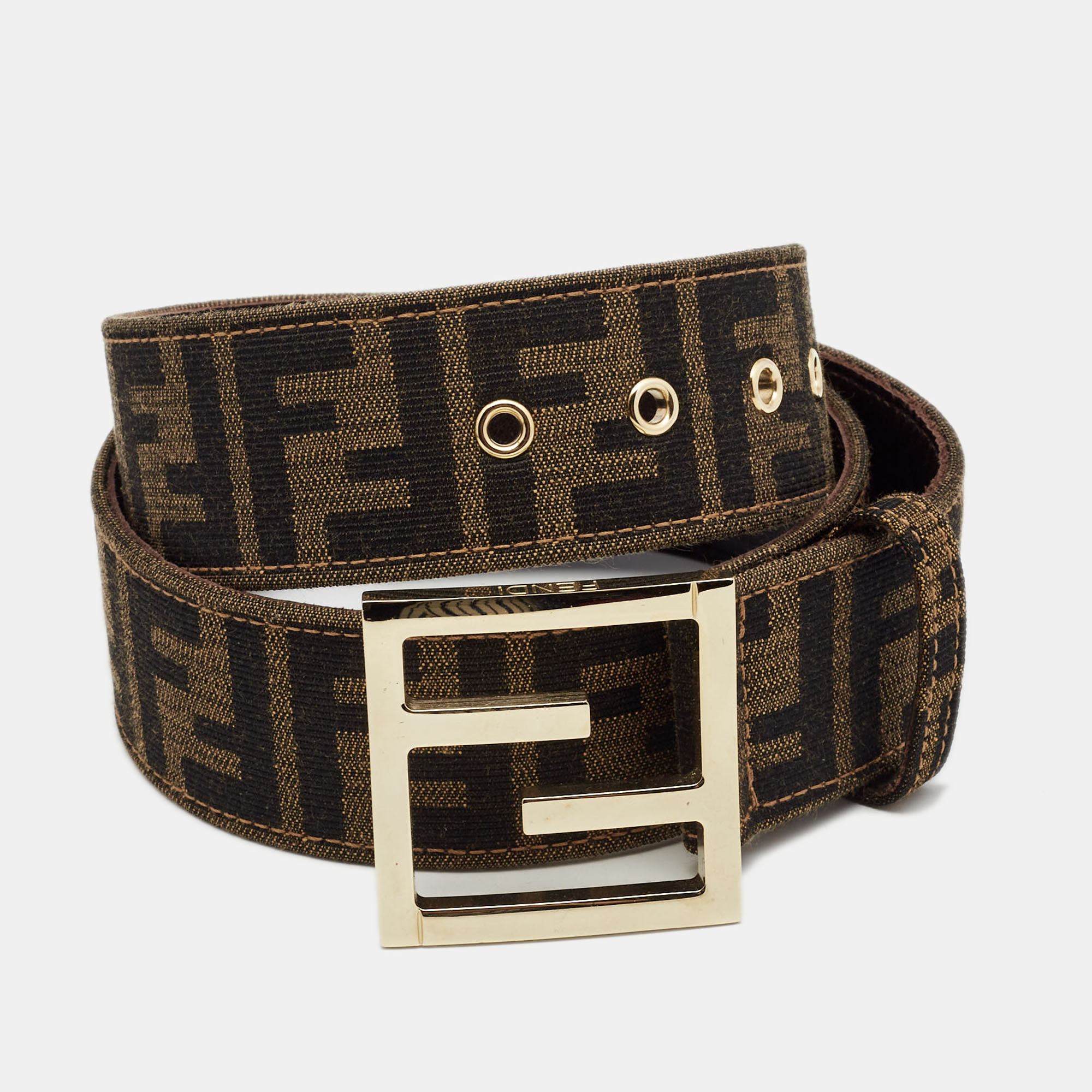 Pre-owned Fendi Tobacco Zucca Canvas And Leather Ff Buckle Belt 90cm In Brown