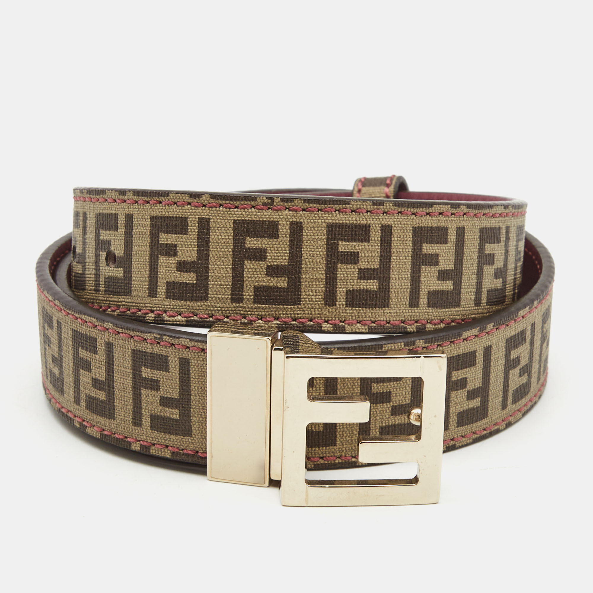 Pre-owned Fendi Brown/pink Zucchino Coated Canvas And Leather Ff Reversible Belt
