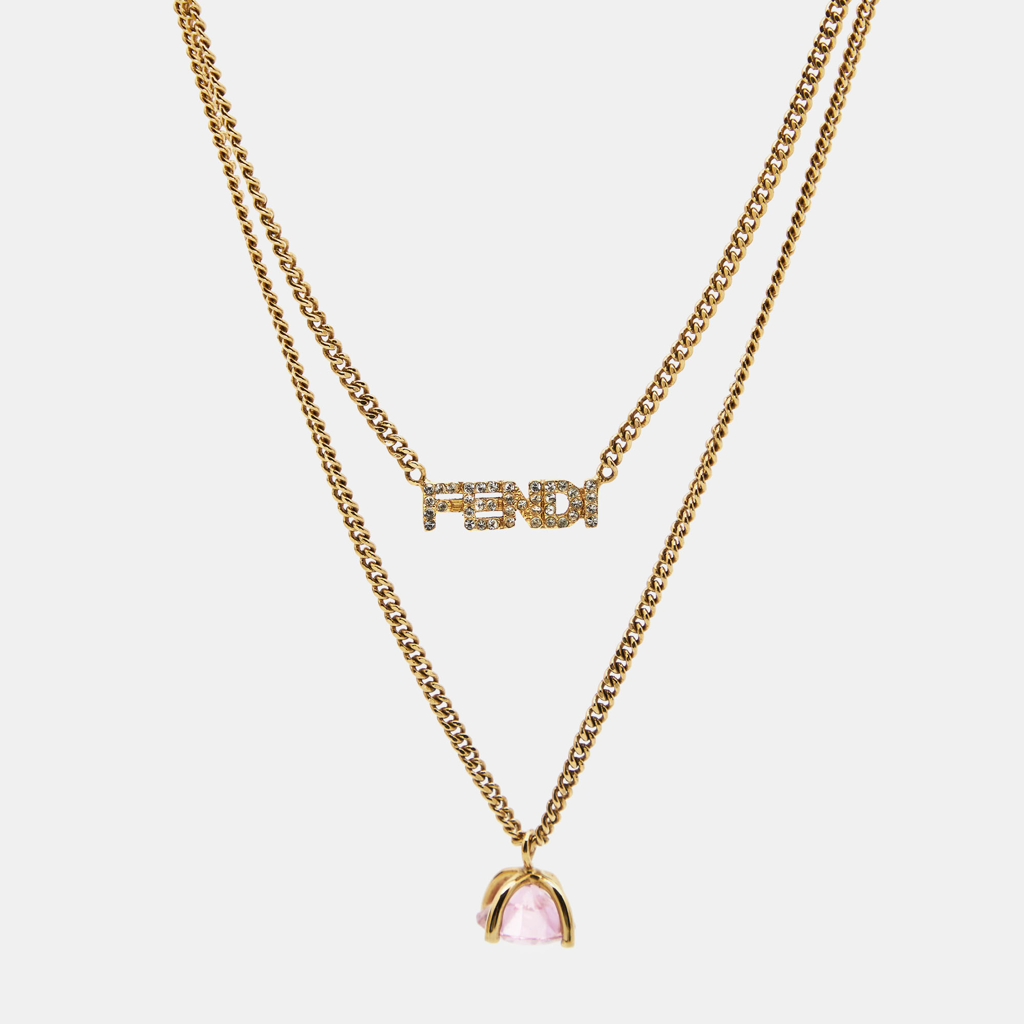 

Fendi Logo Crystal Pink Stone Gold Tone Double Strand Necklace