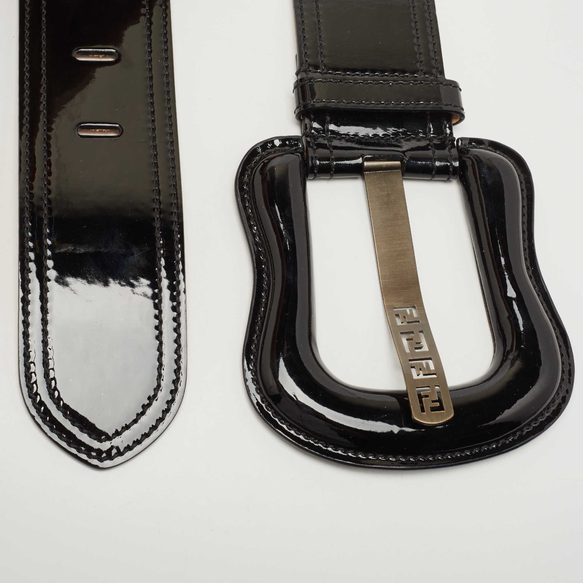 

Fendi Black Patent Leather Wide Buckle Belt, Blue