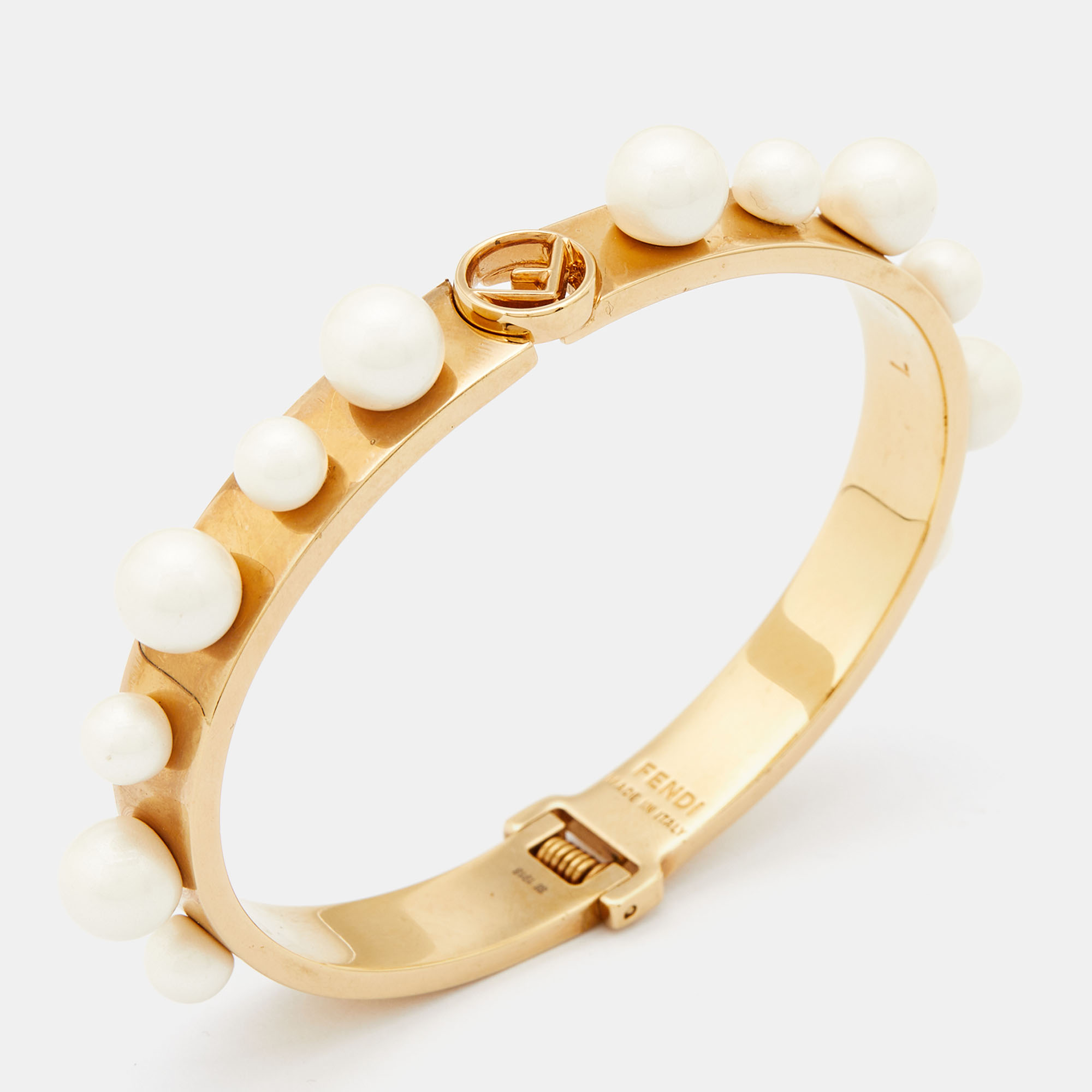 

Fendi Gold Tone Pearl Embellished Cuff Bracelet