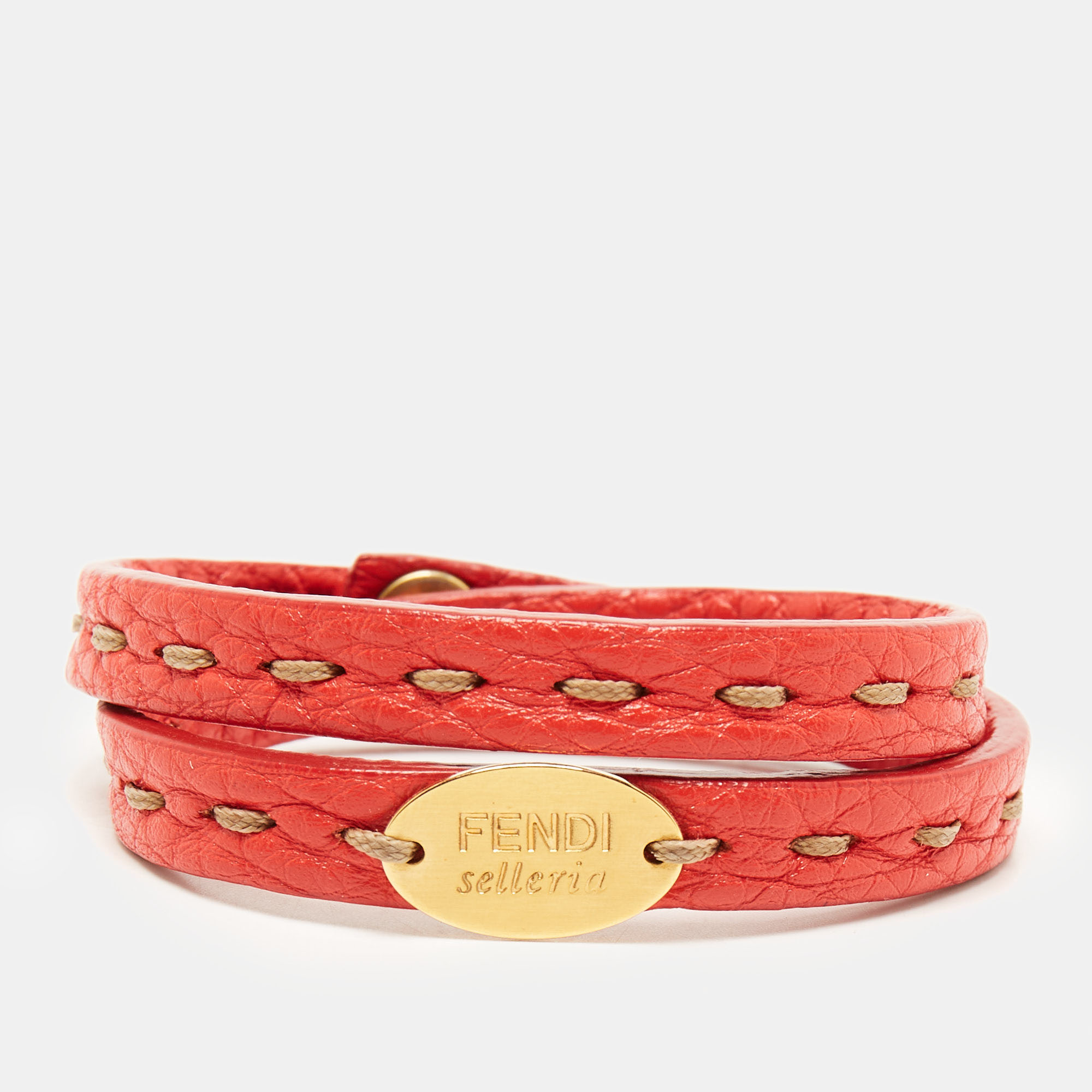 Pre-owned Fendi Sellaria Leather Gold Tone Wrap Bracelet