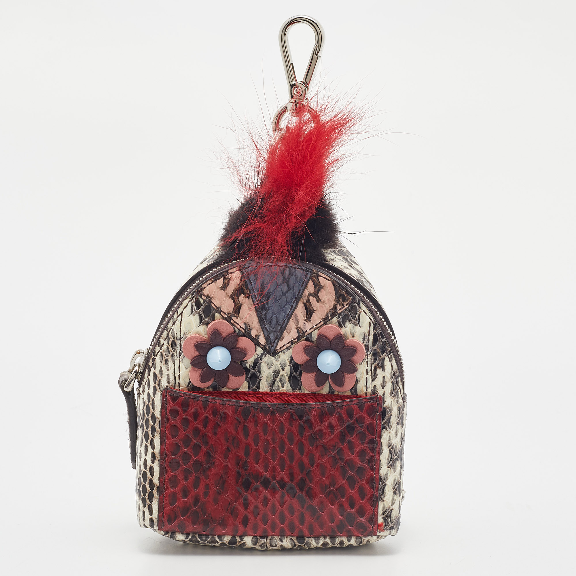Pre-owned Fendi Multicolor Watersnake Leather And Fur Micro Monster Backpack Bag Charm