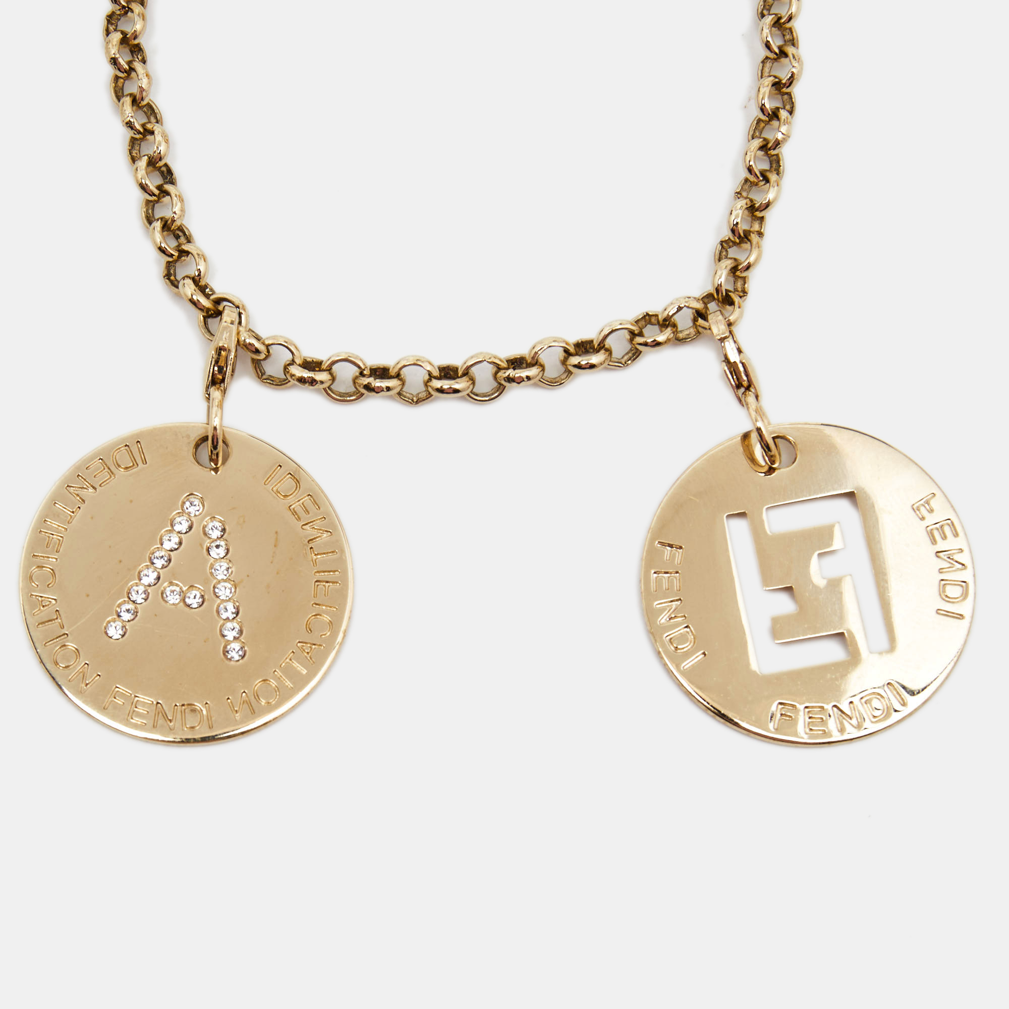 

Fendi Logo Identification Letter A Crystal Gold Tone Charm Bracelet