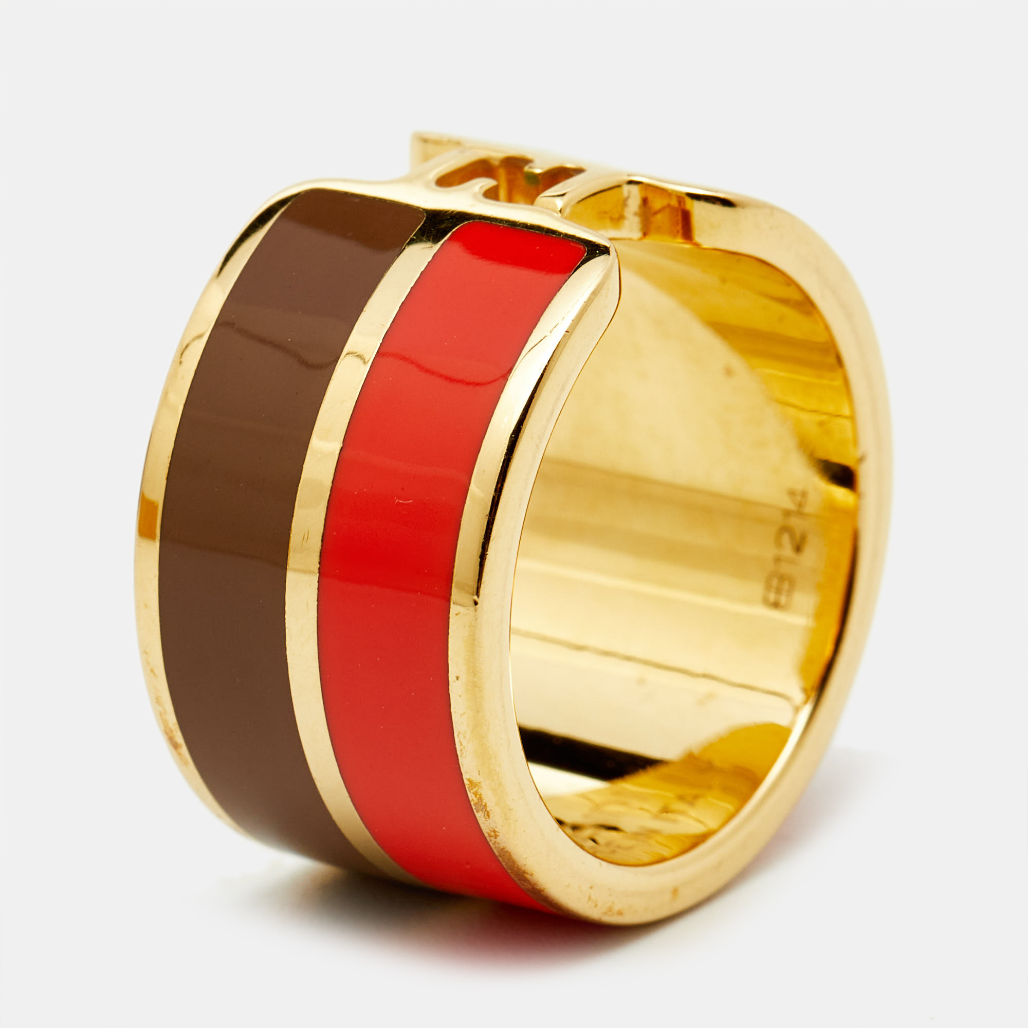 Pre-owned Fendi Sta Bicolor Enamel Gold Tone Wide Band Ring 53 In Multicolor