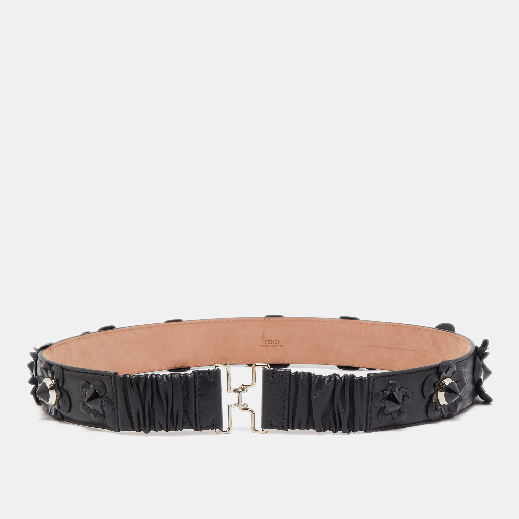 Pre-owned Fendi Black Leather And Patent Stretch Flowerland Waist Belt 85cm