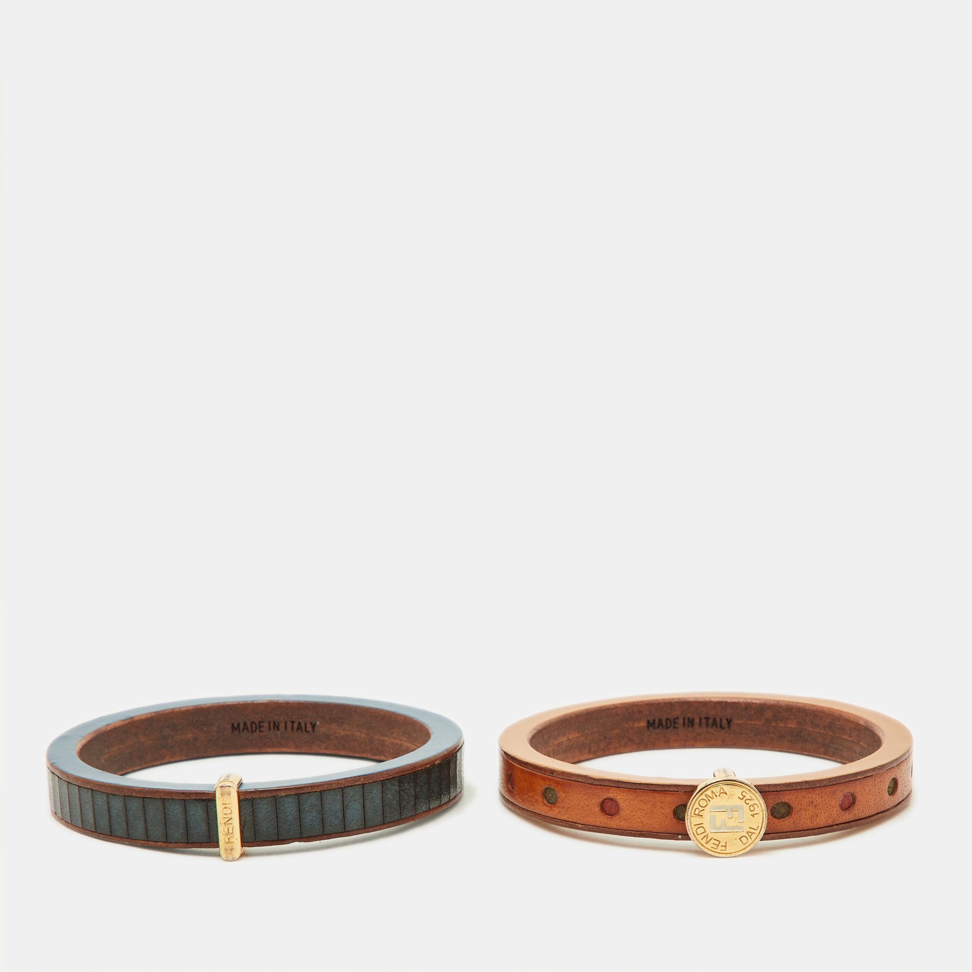 

Fendi Selleria Multicolor Leather & Wood Bangles Set of 2