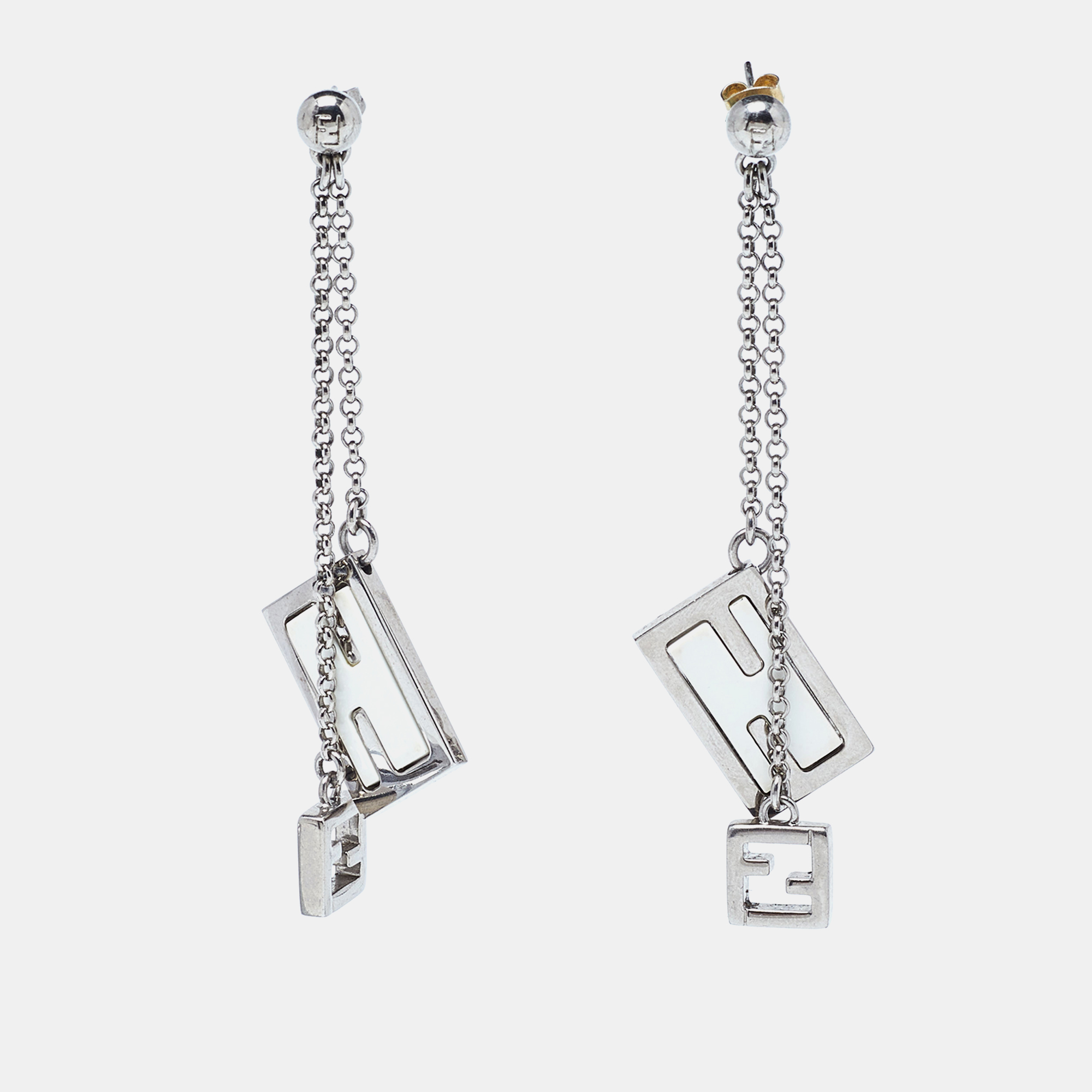 Pre-owned Fendi Silver Tone Chain Detail Logo Drop Earrings