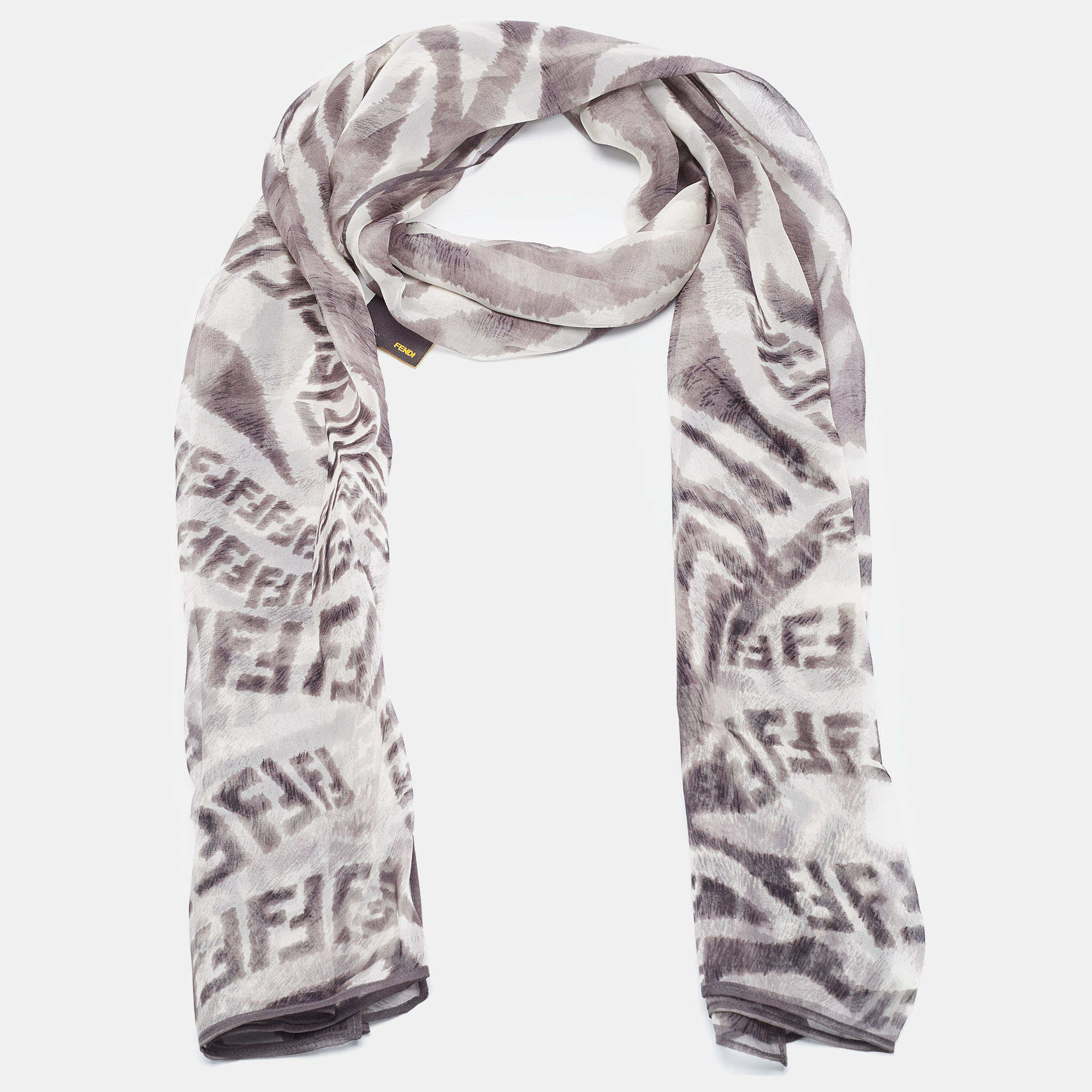 

Fendi White/Grey Zucca Zebra Print Silk Chiffon Scarf