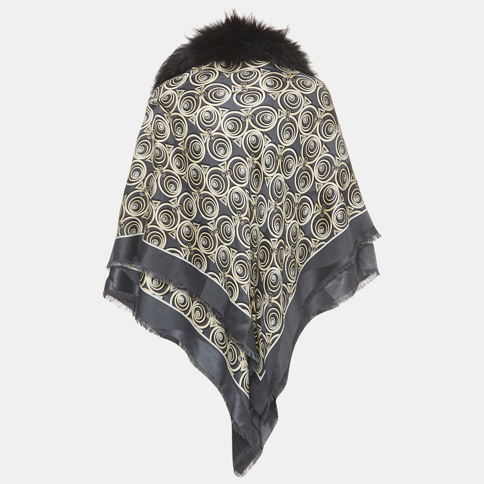 

Fendi Dark Grey Touch of Fur Printed Silk & Wool Scarf