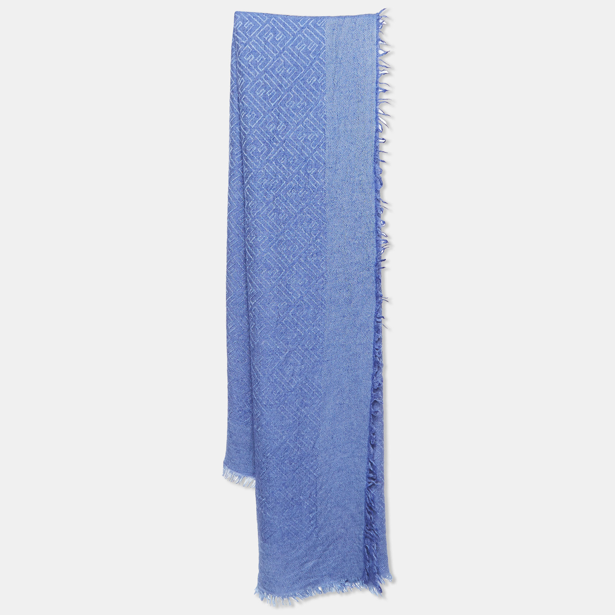 Pre-owned Fendi Blue Ff Patterned Cashmere & Silk Fringed Scarf