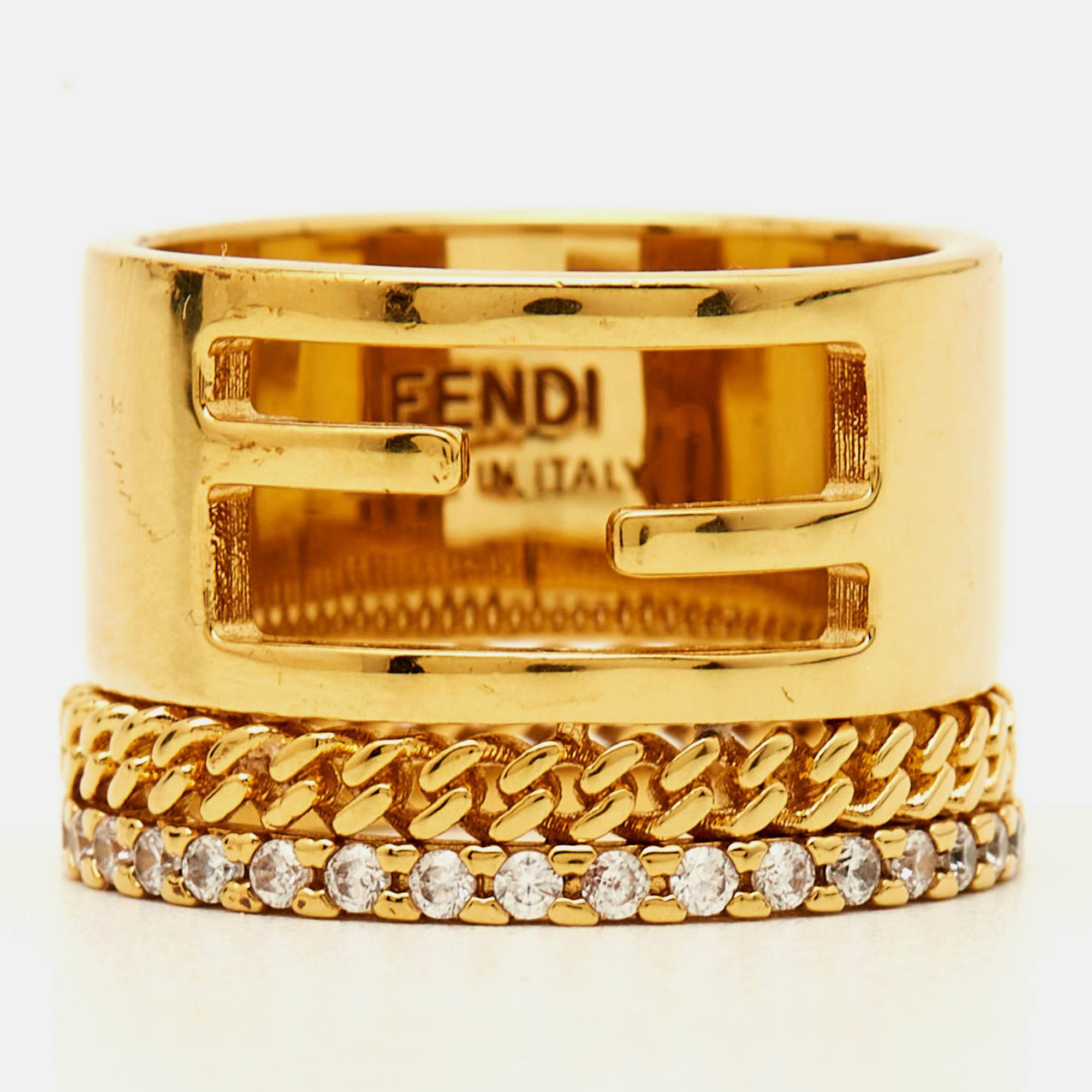 

Fendi Baguette Crystal Gold Tone Ring Size