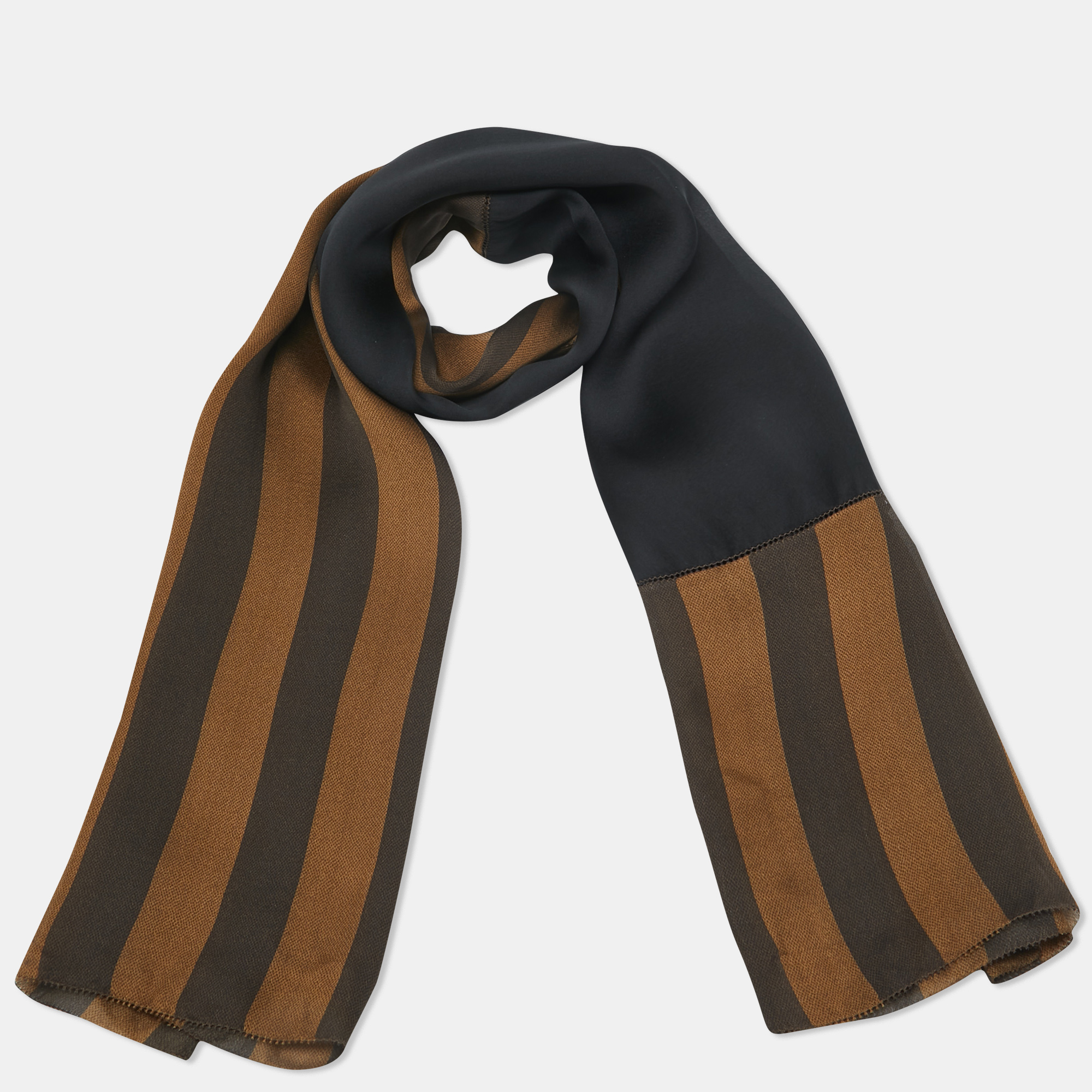 

Fendi Black /Brown Pequin Striped Silk Chiffon Scarf