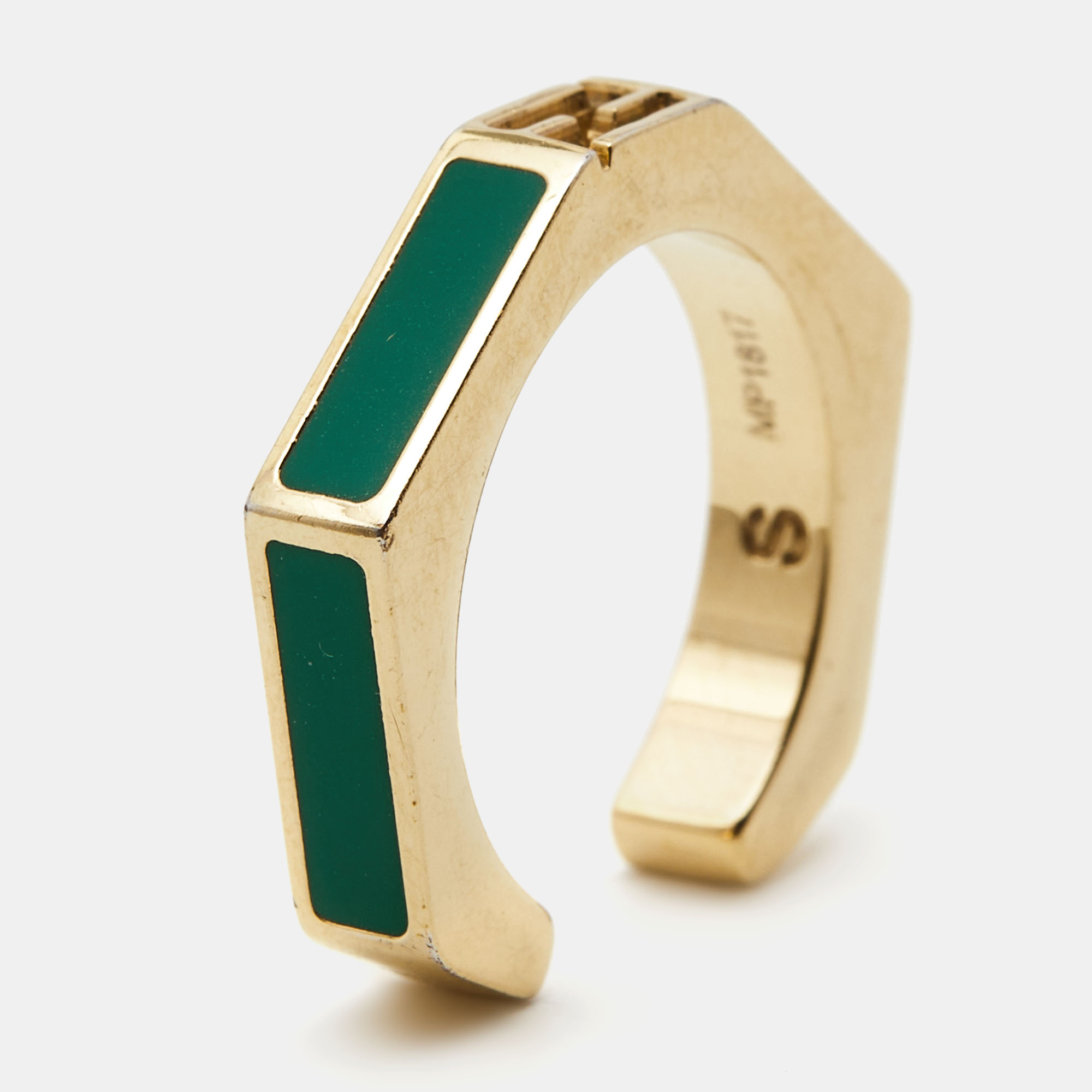 Pre-owned Fendi Baguette Enamel Gold Tone Ring Size 52