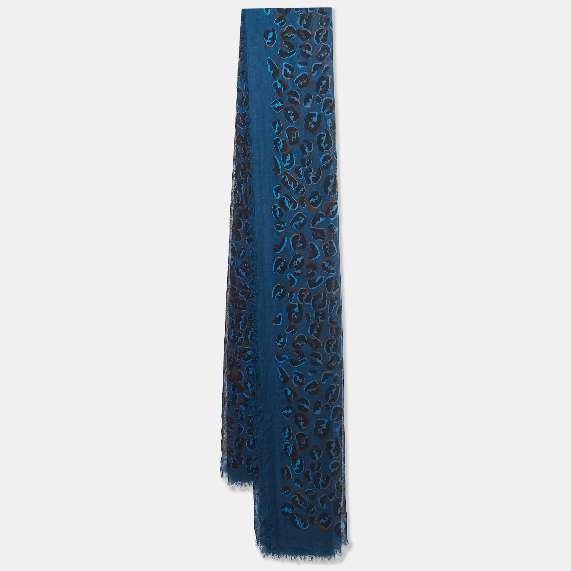 

Fendi Blue Zucca Leopard Pattern Printed Modal & Silk Scarf