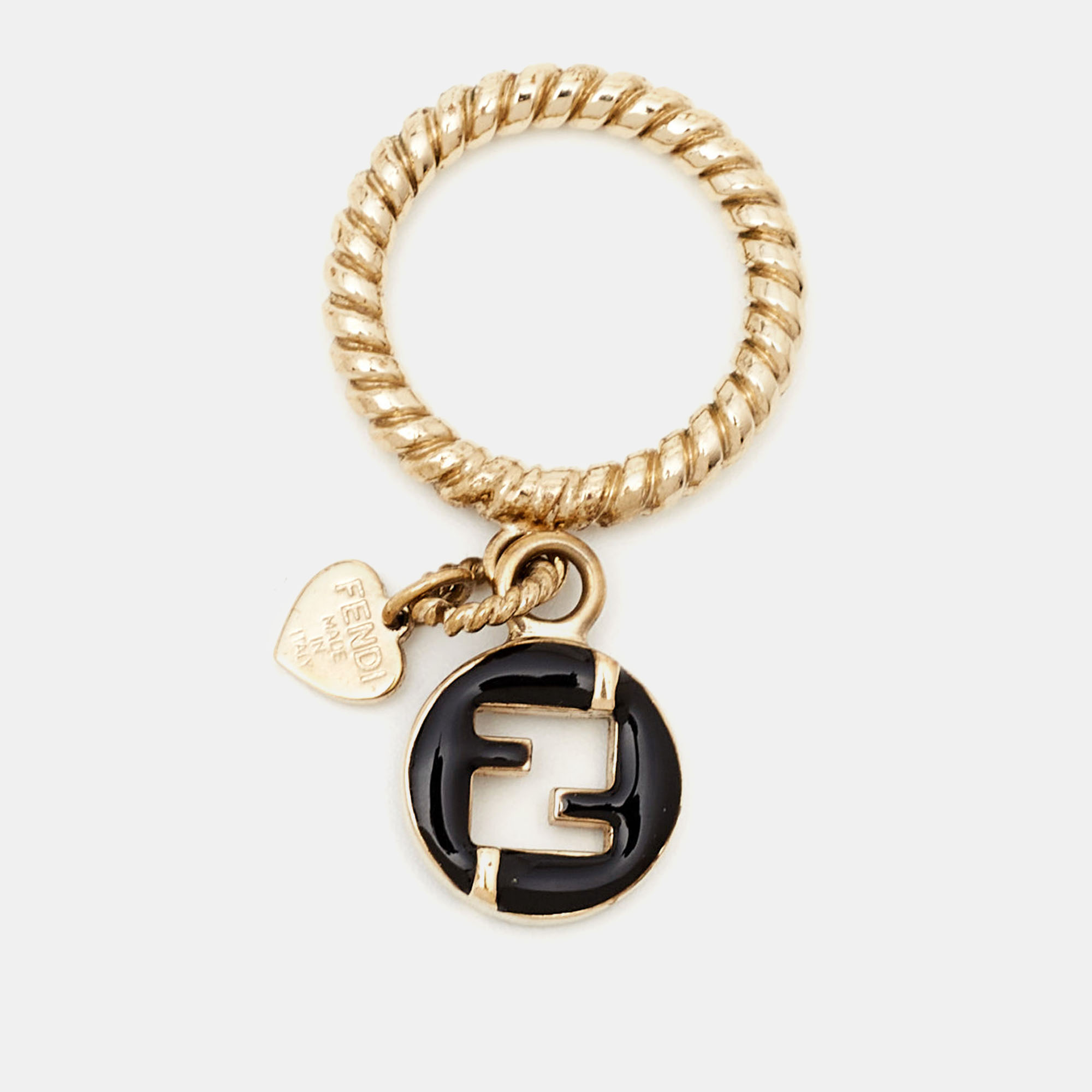 

Fendi FF Black Enamel Charm Gold Tone Ring Size