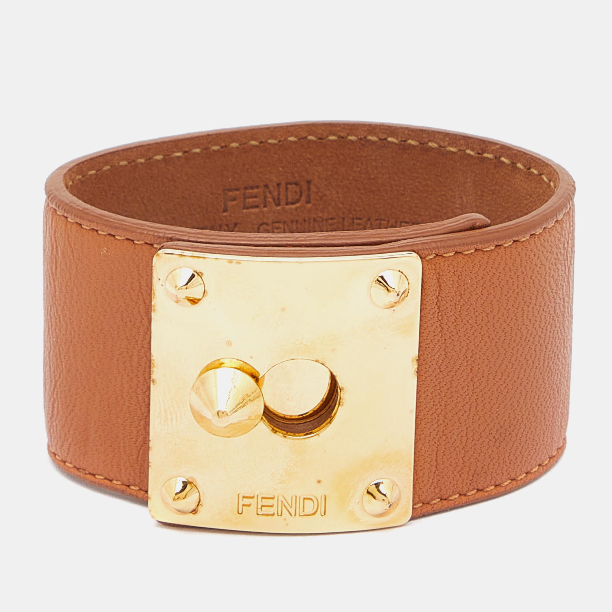 Pre-owned Fendi Goldmine Brown Leather Gold Tone Wide Bracelet
