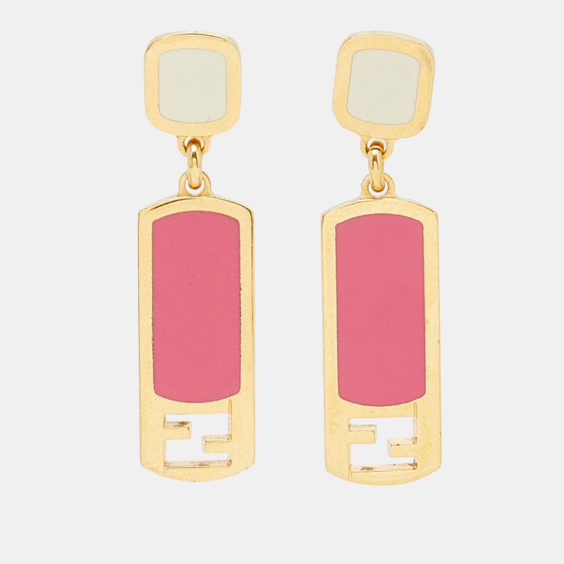 Pre-owned Fendi Gold Tone Pink Enamel Drop Earrings
