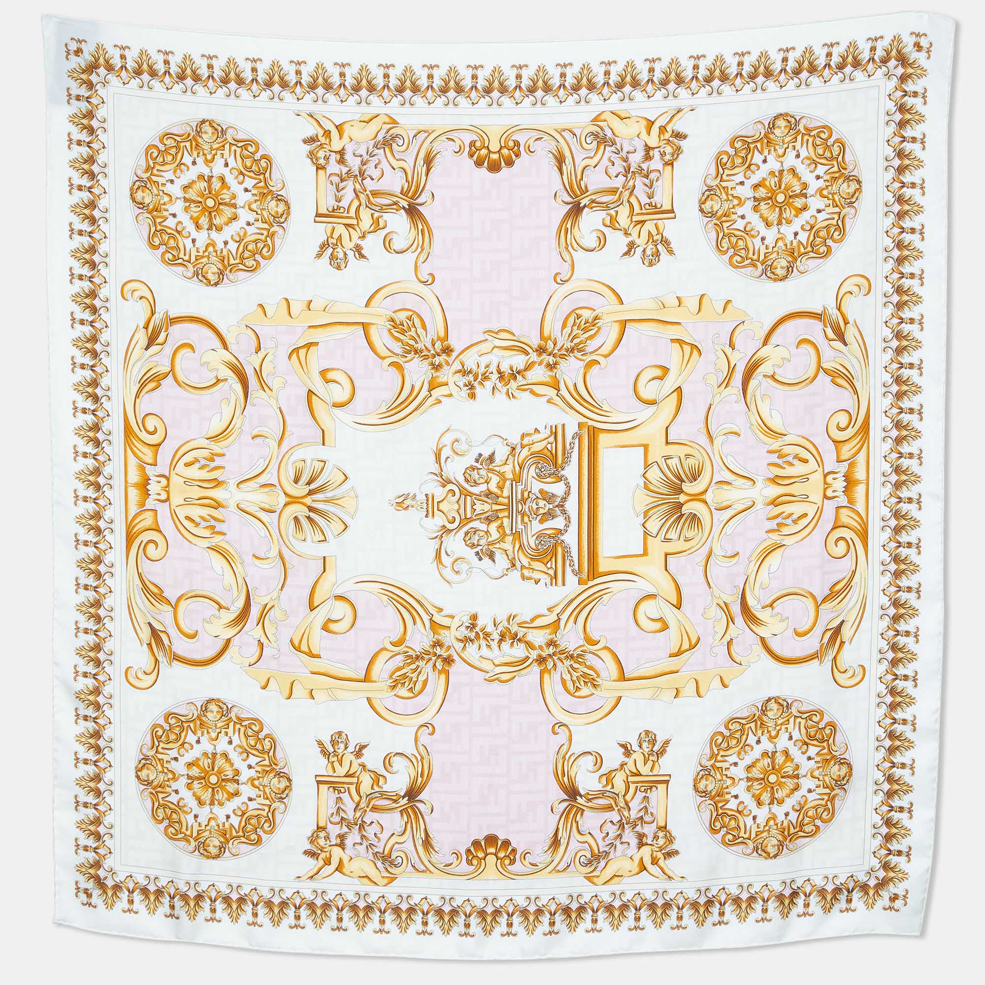 Pre-owned Fendi X Versace Fendace Ivory Ff Baroque Print Silk Scarf In White