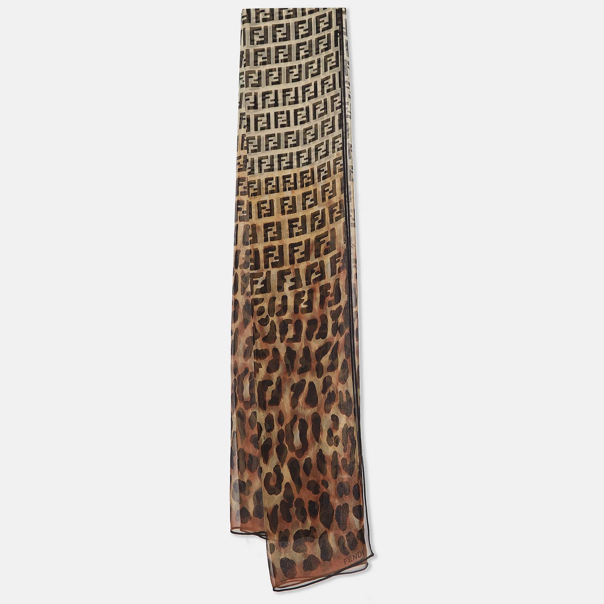 Pre-owned Fendi Vintage Brown Zucca/leopard Print Sheer Silk Scarf