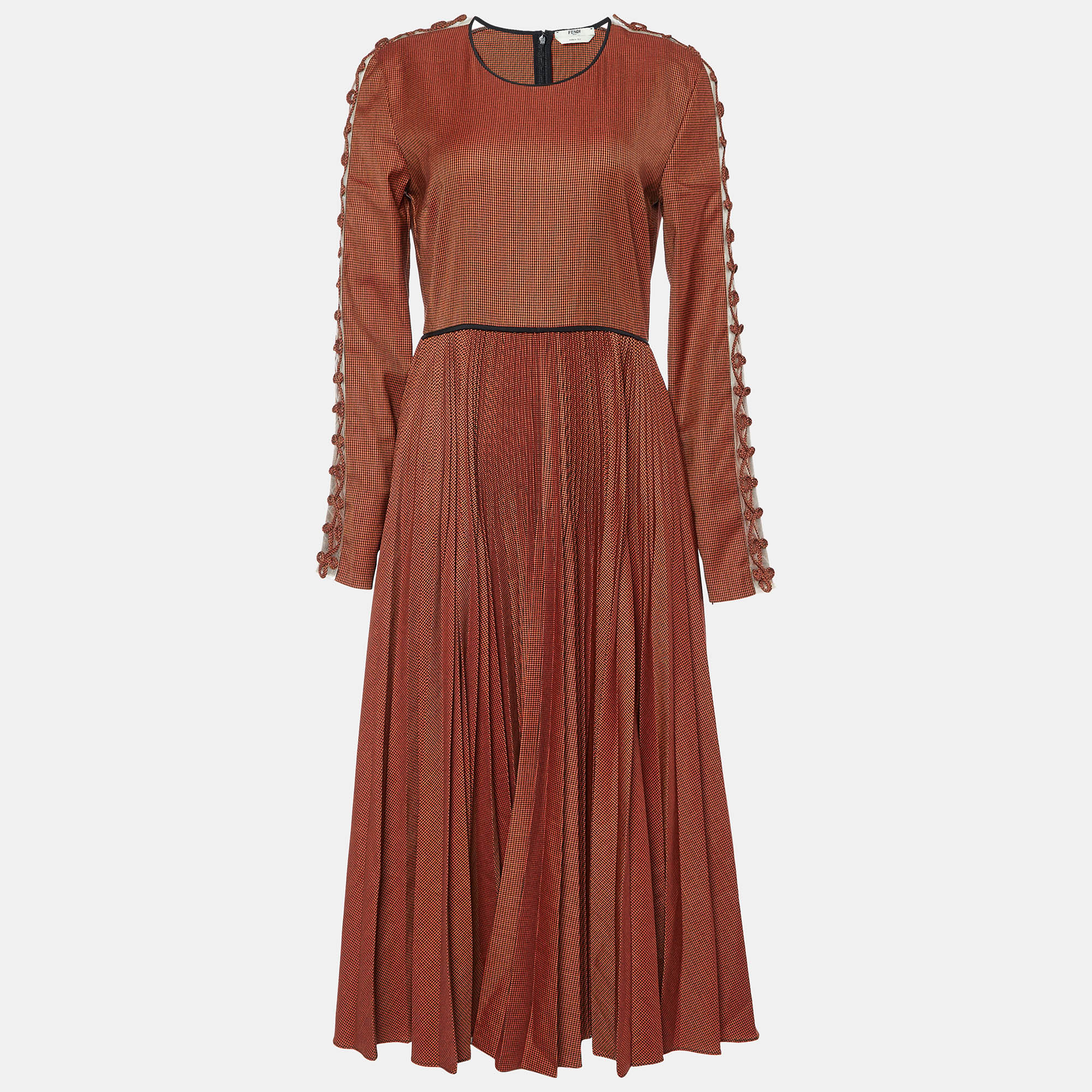 

Fendi Brown Mesh Tulle Rope Trim Houndstooth Printed Long Sleeved Pleated Wool Midi Dress