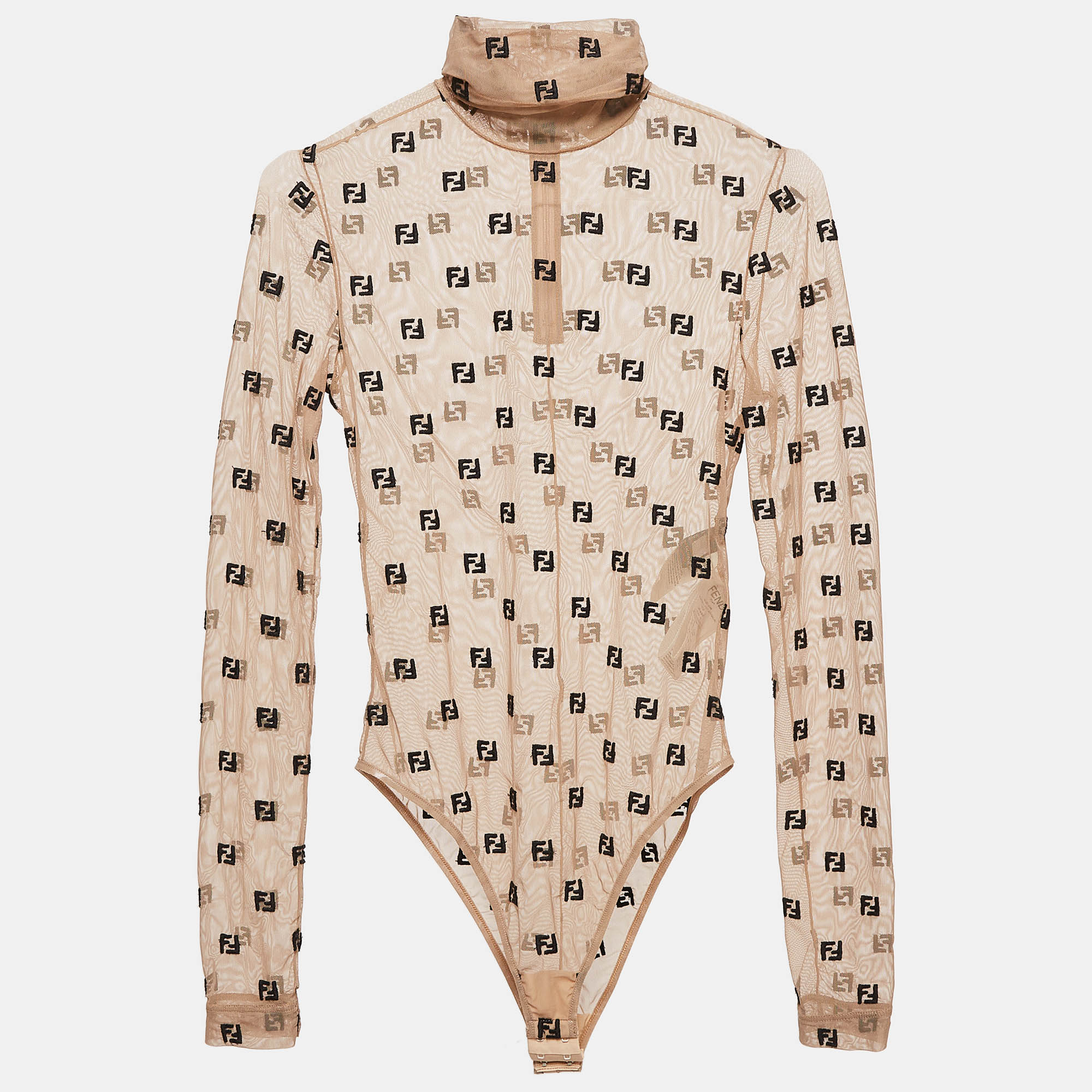 

Fendi Beige Tulle FF Embroidered Sheer Bodysuit XS