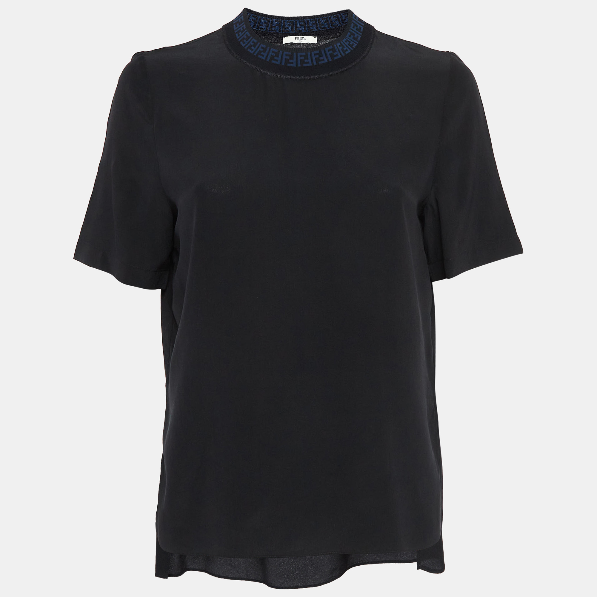 

Fendi Black Logo Ribbed Neck Silk T-Shirt XS