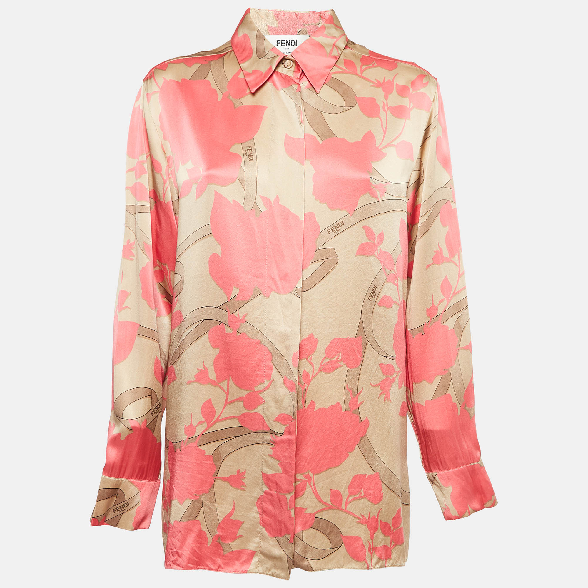 

Fendi Rose Print Silk Camicia Shirt M, Pink