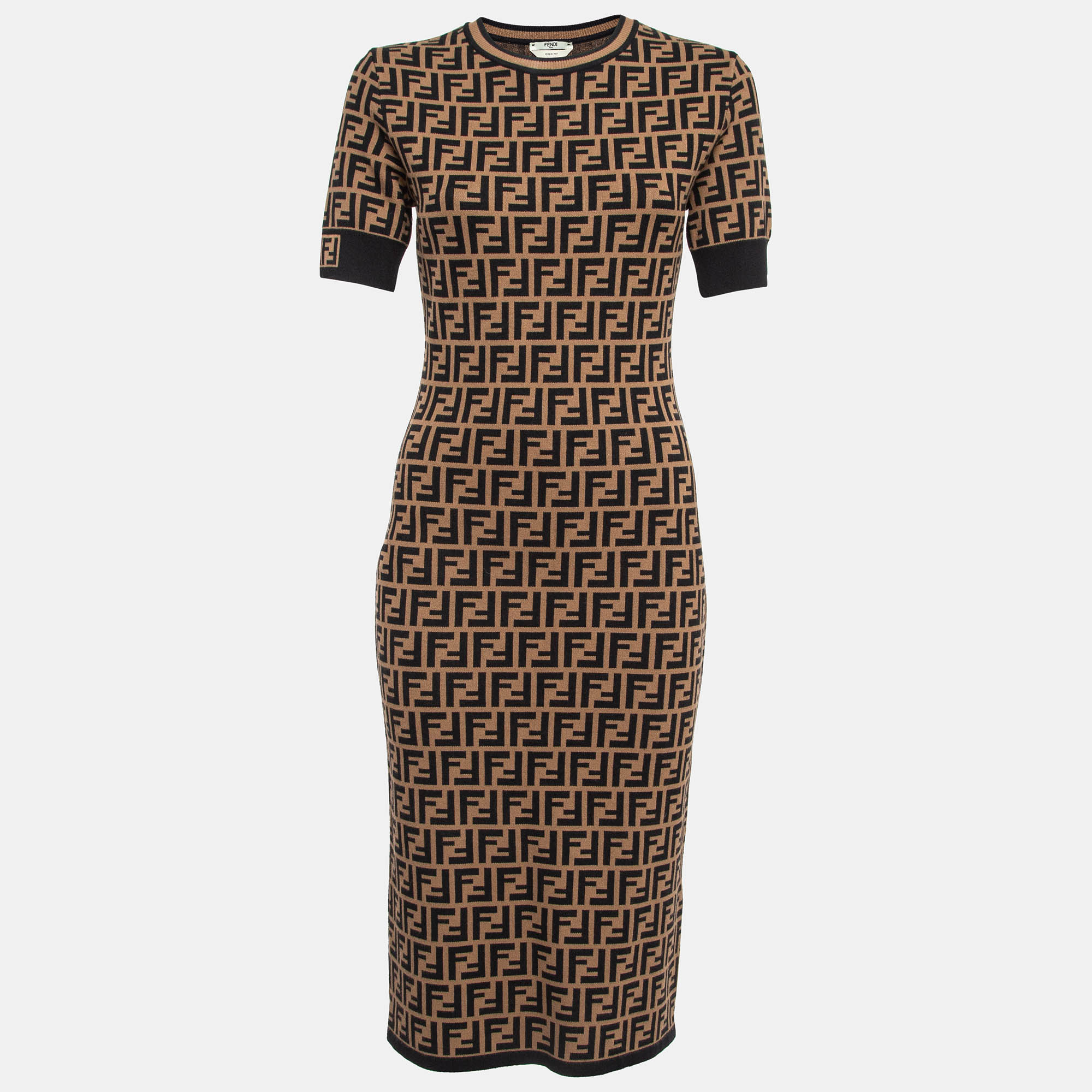 

Fendi Brown Zucca Jacquard Knit Fitted Midi Dress S