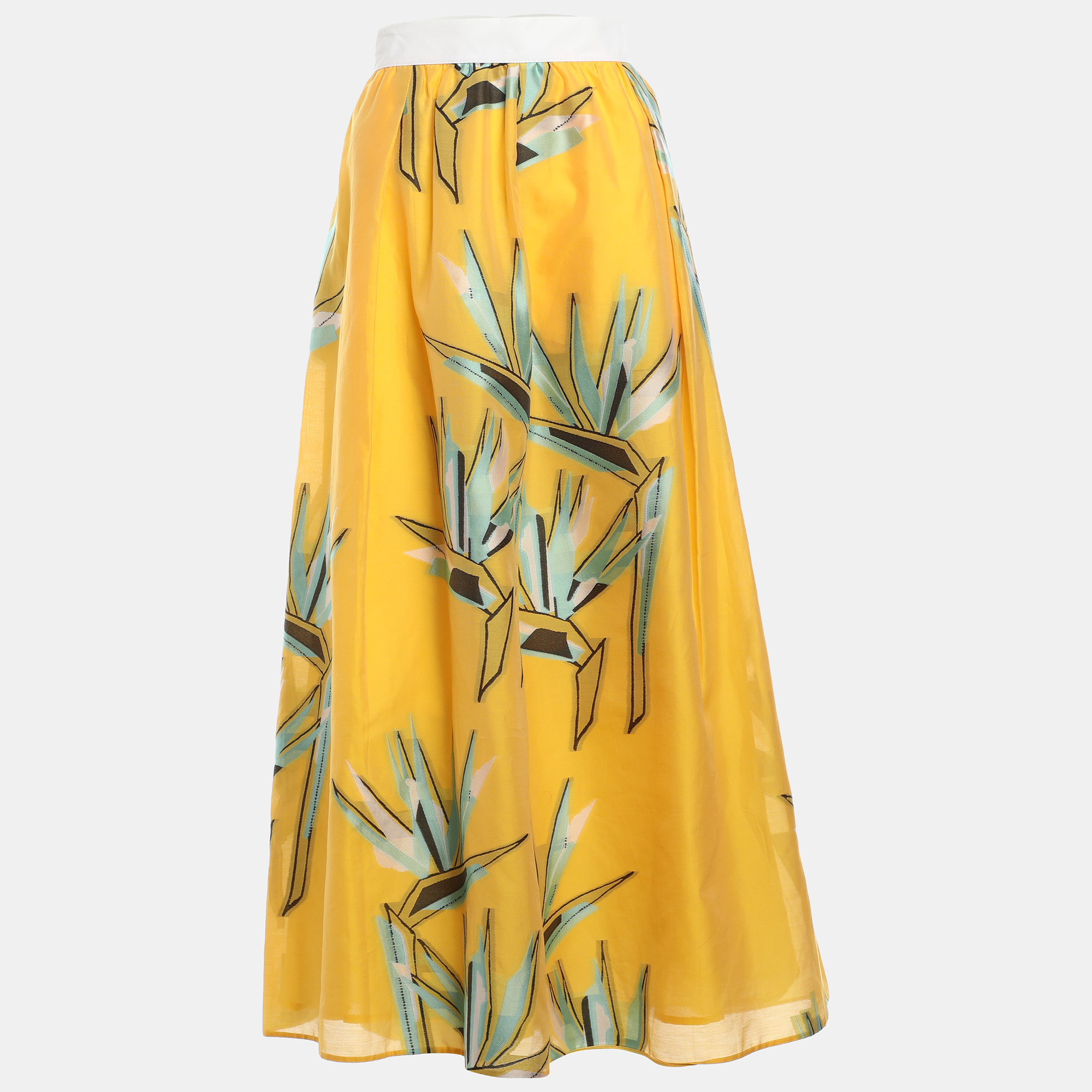 

Fendi Yellow Silk Jacquard Birds of Paradise Flower Midi Skirt L